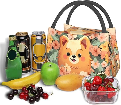 Miniatura 4 de Pomeranians - Bolsa de almuerzo con estampado de flores de dibujos animados para mujeres y hombres, hielera aislada, reutilizable, gran capacidad,