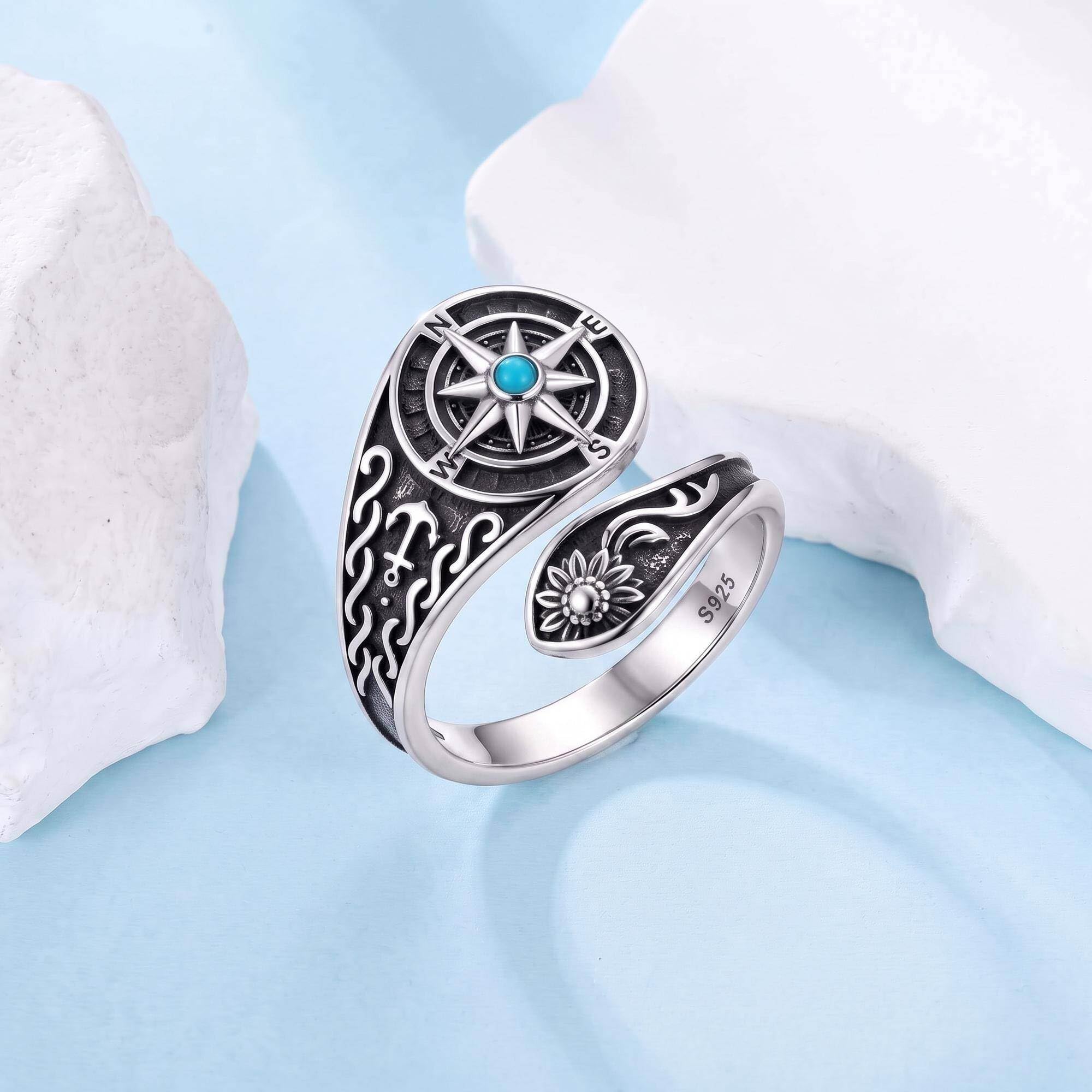 URONE Anillo giratorio de brújula de plata de ley 925 con brújula turquesa, anillo para envolver cucharas, anillos para la ansiedad, regalo para mujeres y amigas