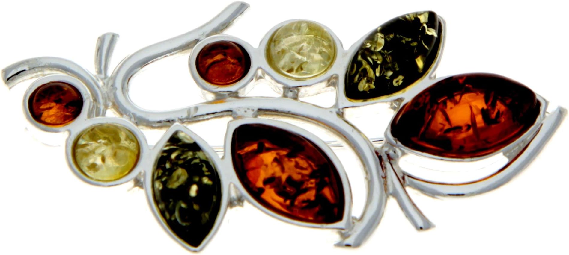 SilverAmber Jewellery UK - Genuine Baltic Amber & Sterling Silver Exclusive Modern Multistones Brooch - M804