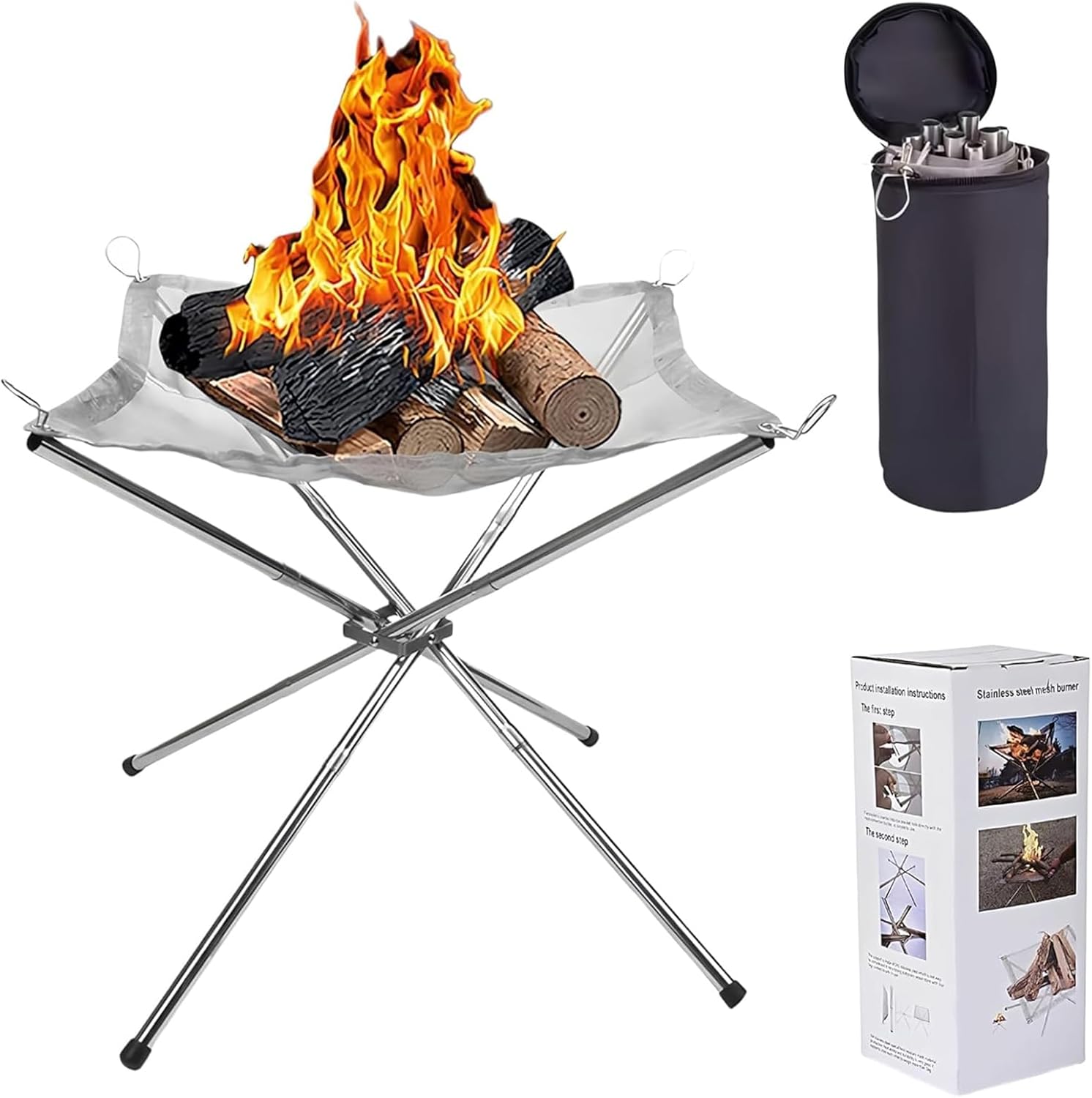 22 inch Portable Outdoor Fire Pit for Camping Upgrade Foldable Stainless Steel Mesh Fire Pits for Outside Wood Burning Collapsible Fireplace for Patio,Camping,Bonfire,Backyard,Garden,BBQ