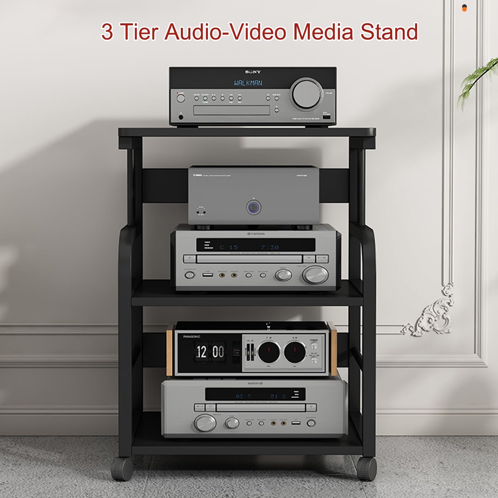 3-poziomowy stojak pod sprzęt audio-wideo, stojak na sprzęt audio-wideo, stojak na gramofon, narożny zestaw rozrywkowy, do sal konferencyjnych, salonów i pomieszczeń nagraniowych (czerwony, 50 cm/19