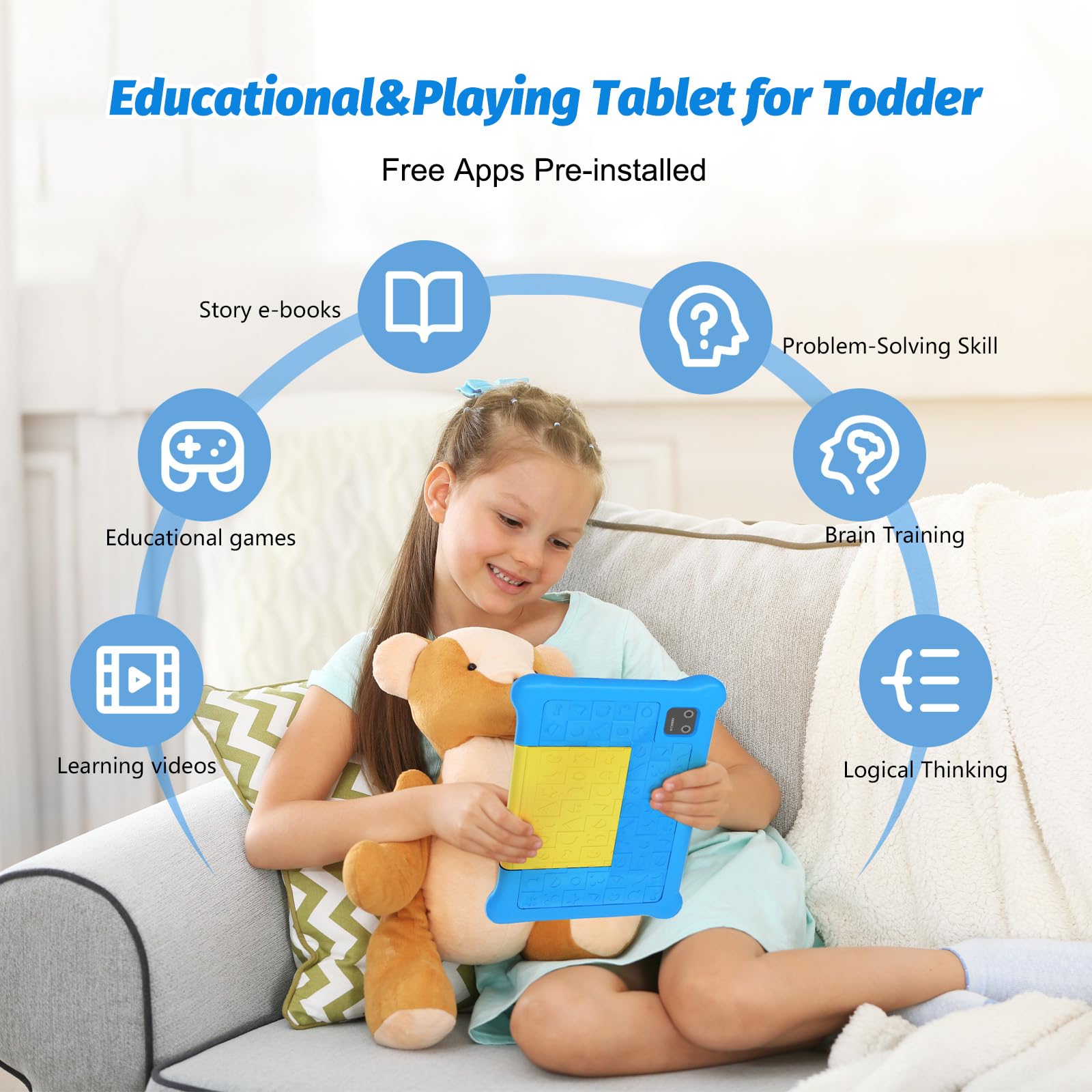 Byxsb Tablet per bambini 7 pollici Android 13, con controllo parentale e controllo parentale, Bluetooth, WiFi, doppia fotocamera, GMS, custodia antiurto, applicazioni pre-installate per bambini (Blu)