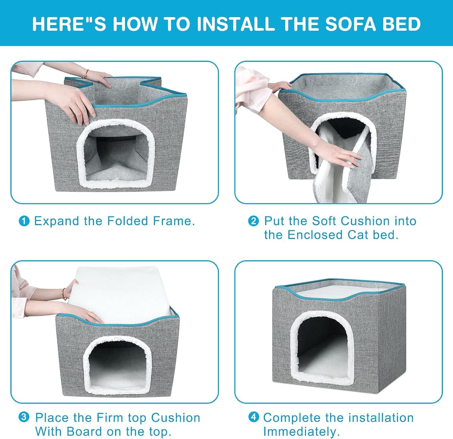 سرير للقطط المنزلية من ايسيورا، كهف كبير للقطط المنزلية والحيوانات الأليفة مع كرة ناعمة معلقة ولوح خدش، مخبأ قطط قابل للطي