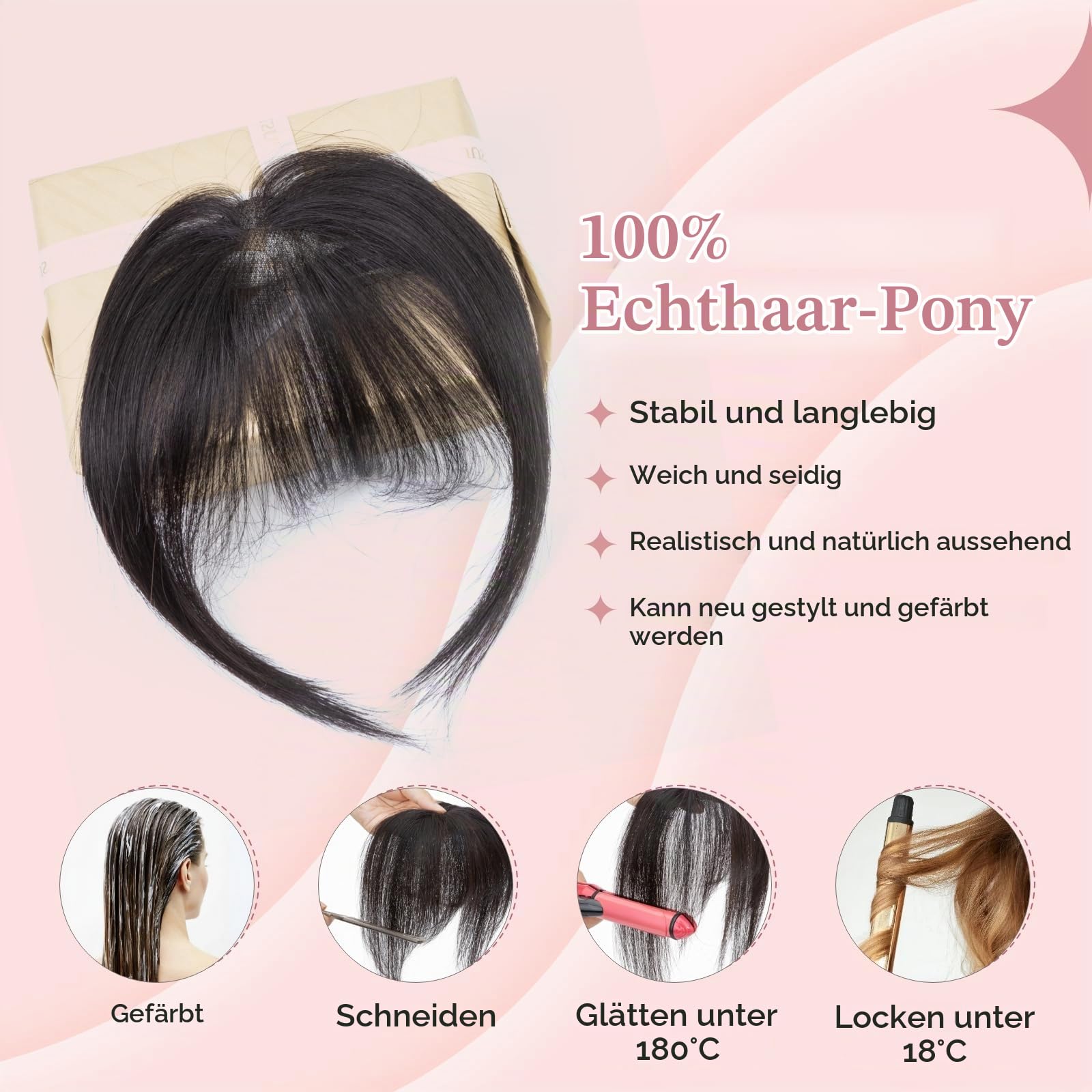 Pony Haarteil Echthaar mit 2 Clips in Extensions 100% Remy Haar Topper Handgebundene Basis Haarverlängerungen Fringe Natürlich für Damen Naturschwarz #1B