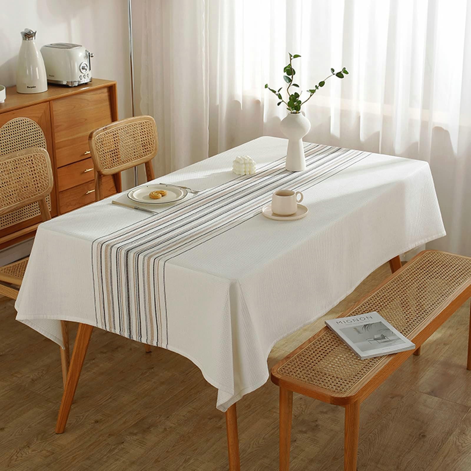 Gualiy Mantel Mesa Rectangular Polyester, Gofre Mantel Mesa de Cocina 140x260CM Mantel Antimanchas Lavable Rayas Mantel para Mesa Comedor, Blanco