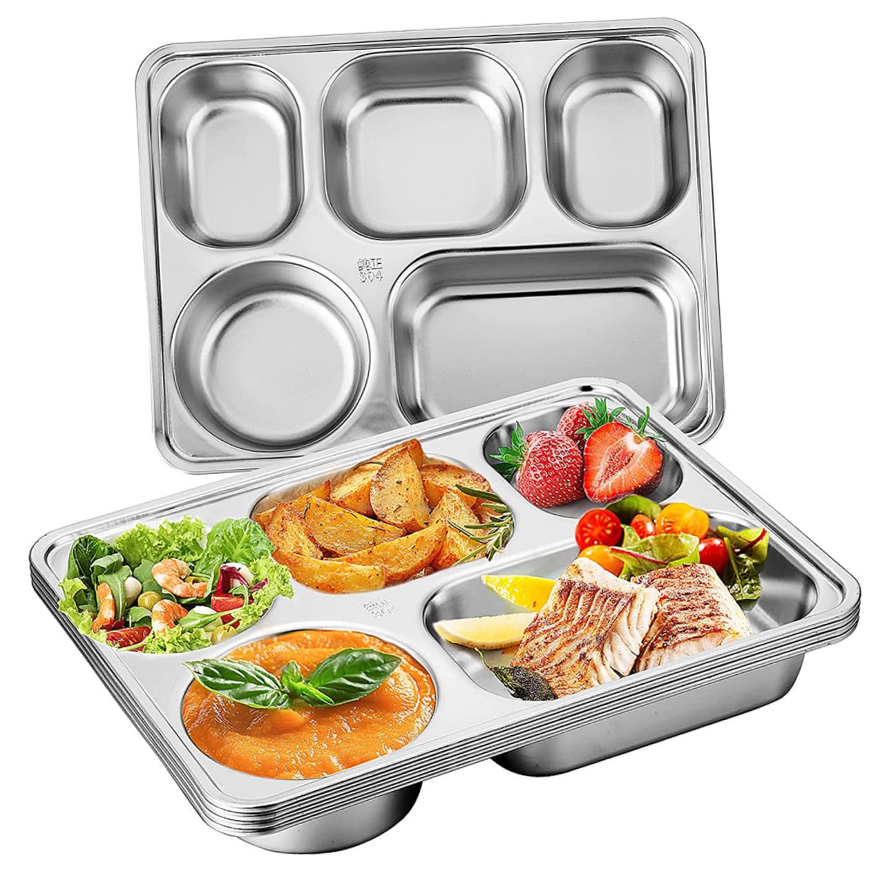 Plateau Divisé en Acier Inoxydable 3 Pièces, Assiette Compartimentée Rectangulaire Grosse Capacité, Métal Solide, Empilable, pour Adultes, Repas Quotidiens, École, Camping