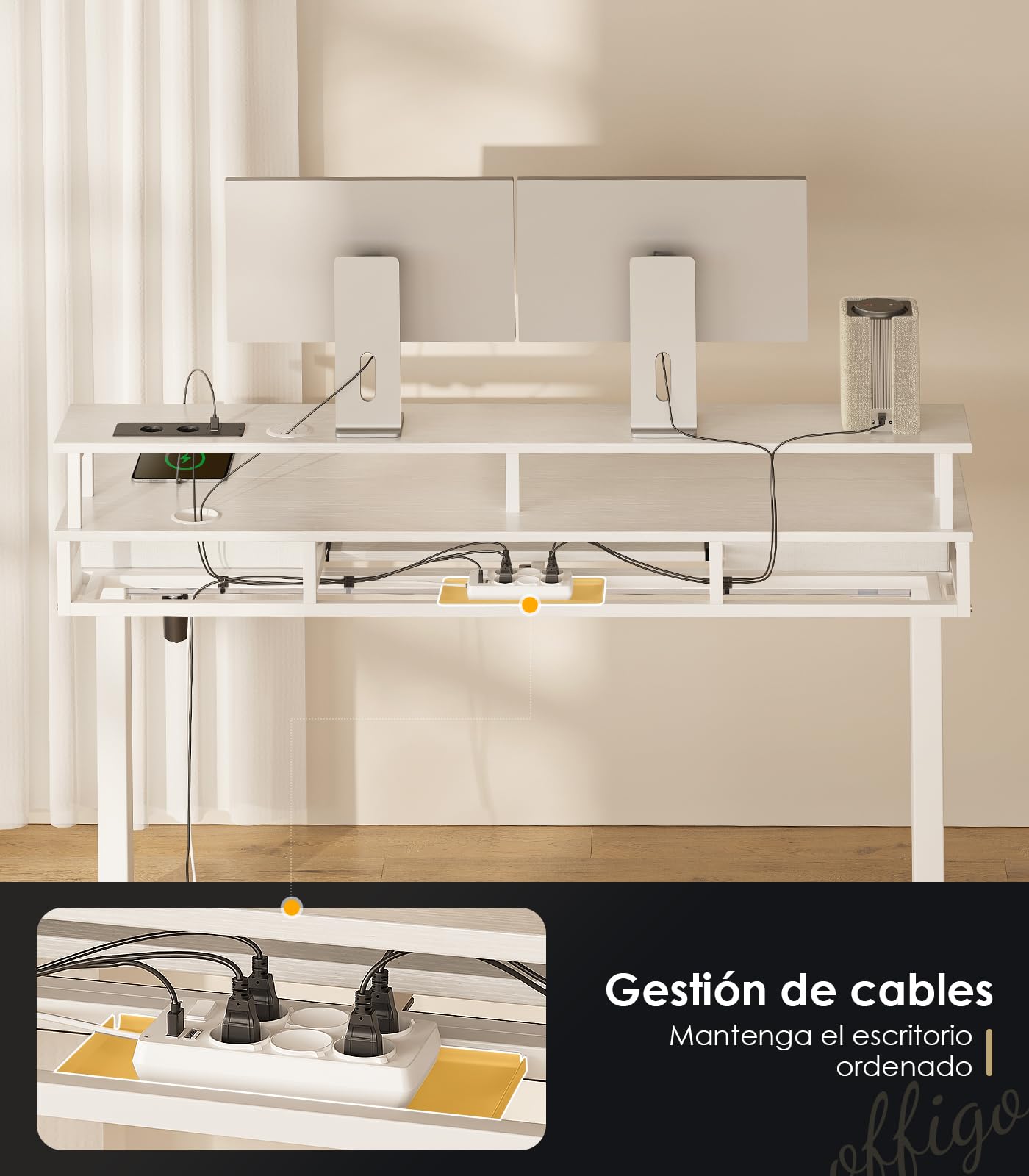 OffiGo Escritorio Elevable con 2 Cajones, 120cm Mesa Elevable, Blanco | Elevable Escritorio con Bandeja para Teclado, Mesa Regulable Altura con Soporte Monitor, Mesa Elevable con Enchufes y LED