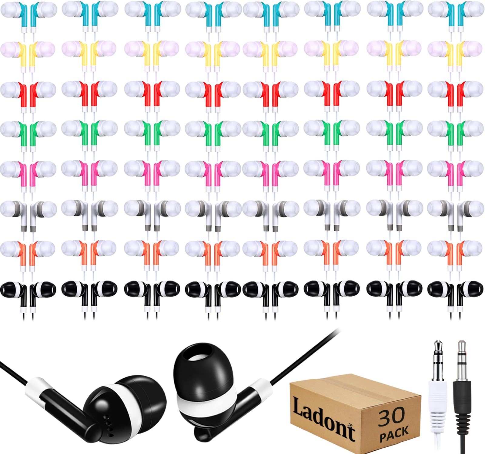 Confezione da 30 auricolari per aula per bambini, per classe, ragazzi, ragazze, adulti (8 colori misti)