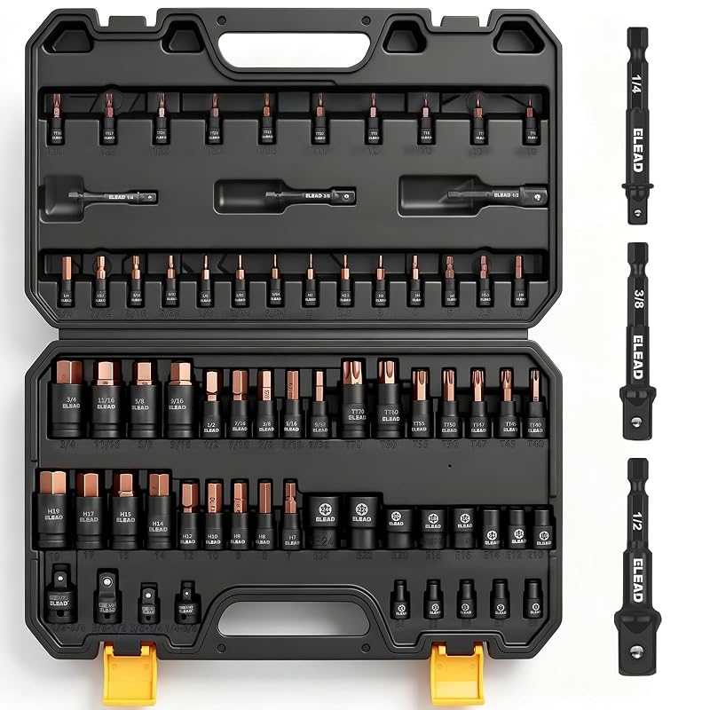 Jogo de Soquetes Torx e Hex com 69 Peças ELEAD E70052, Encaixes de Impacto, Aço CR-V e S2