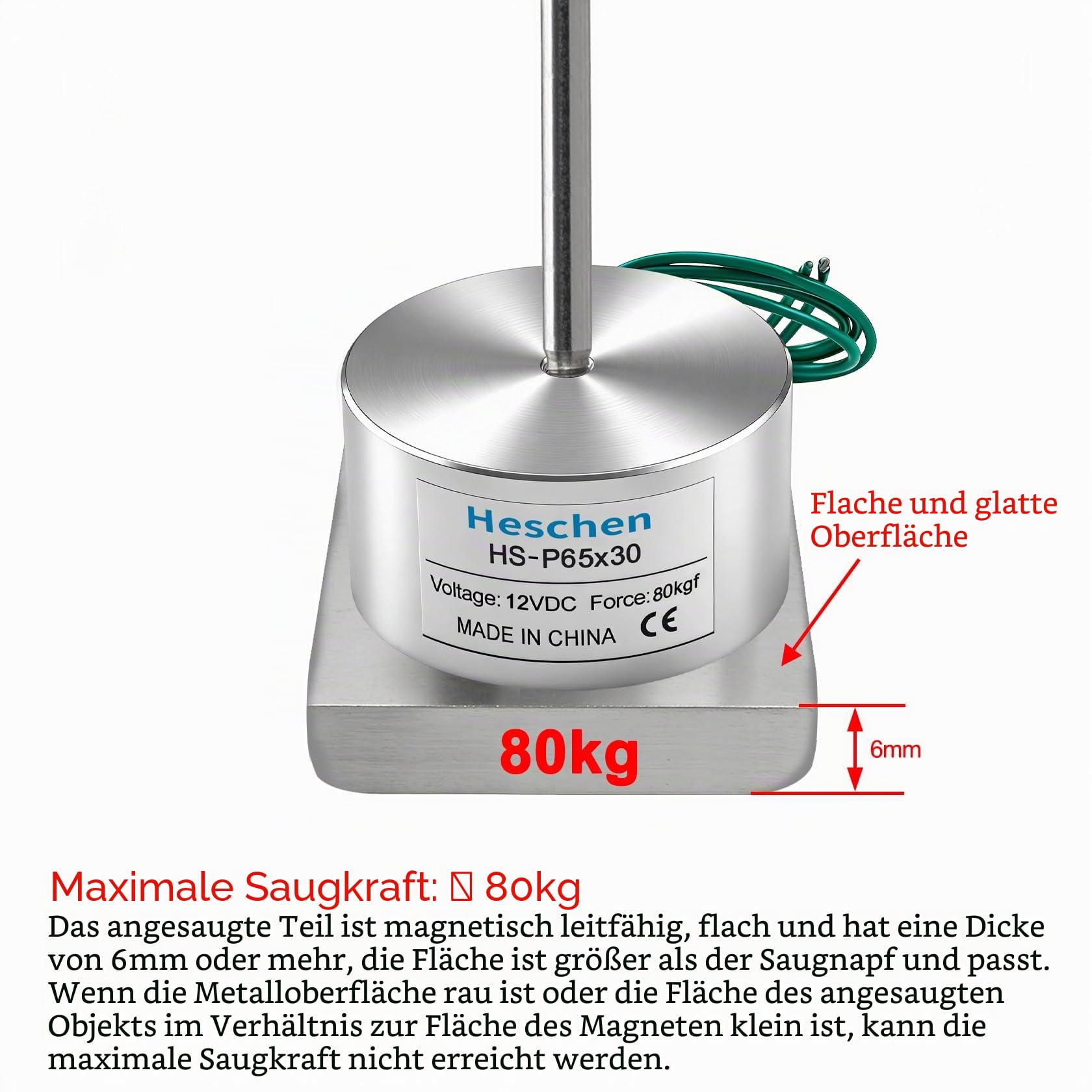 Heschen Elektromagnet Magnet Solenoid, P65/30, OD 65mm, DC12V 13W, 80kg/176lb