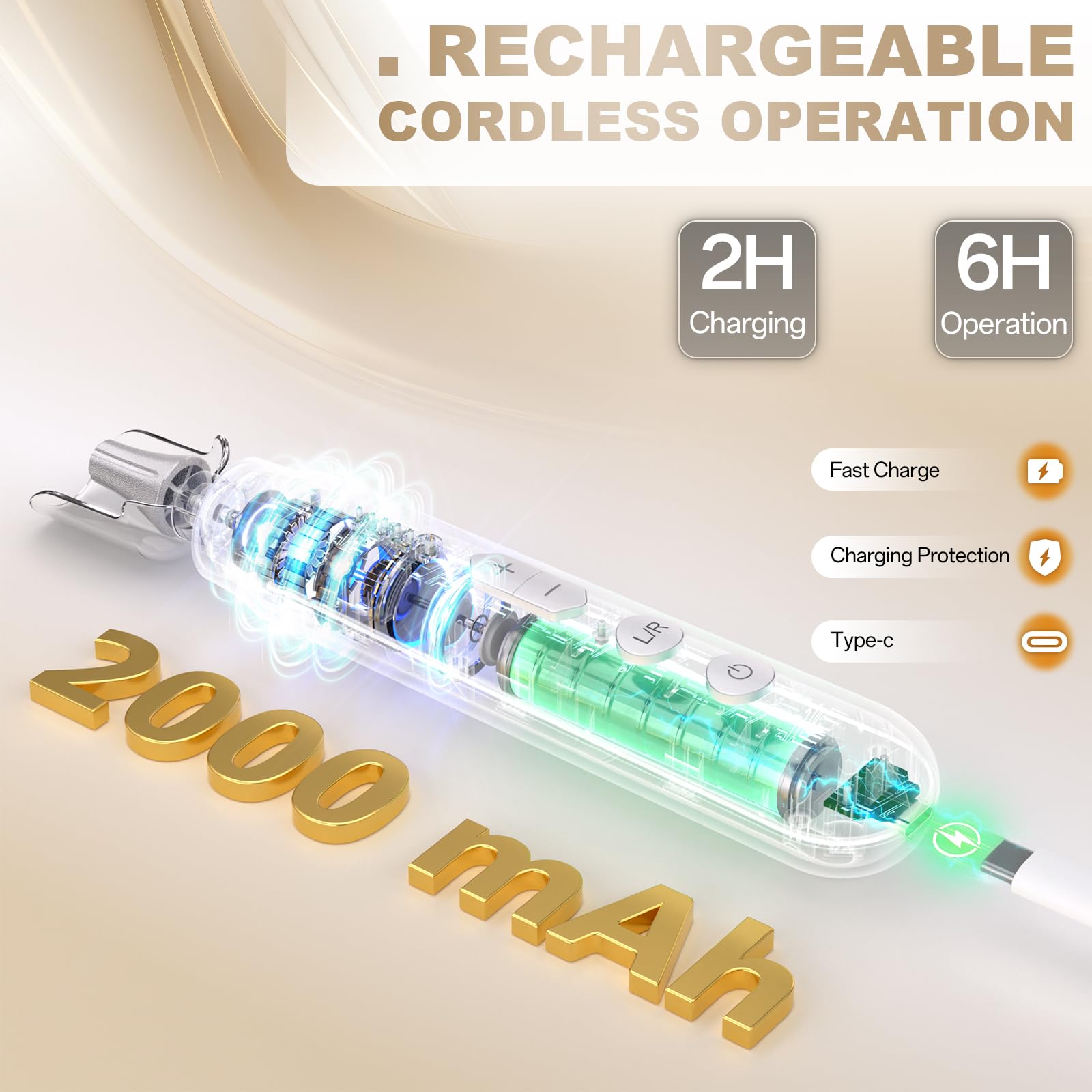 Lima elettrica per unghie, senza fili, 2000 mAh, ricaricabile, elettrica, portatile, per manicure acrilica e unghie spesse, levigatrice professionale (dorata)