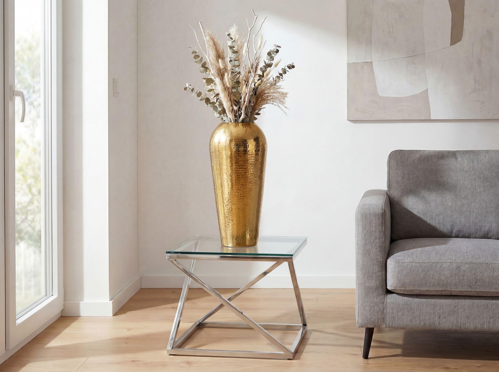 FineBuy Dekovase 23x23x50 cm Aluminium Gold, Bodenvase Gehämmert | Standvase in schlanker Form, Blumenvase handgefertigt, Wohndeko für Wohnzimmer, Esszimmer und Flur