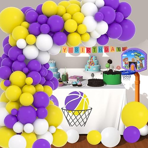 Miniatura 3 de Kit de arco de guirnalda de globos morados y amarillos y blancos, 122 globos amarillos, morados y blancos para cumpleaños, boda, aniversario,