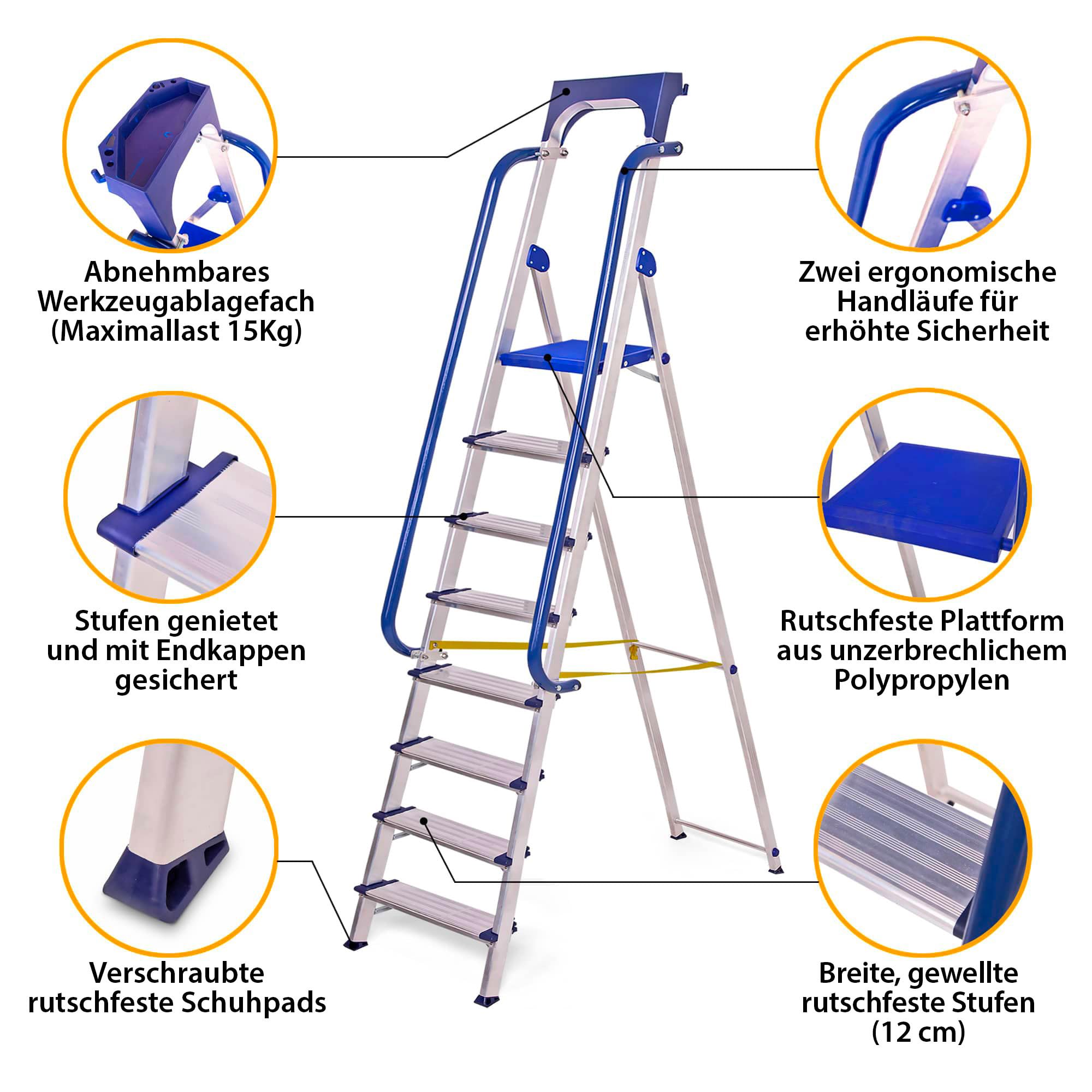 HOSTRÖM Secure Pro 8-Stufen-Stehleiter, verstärktes Aluminium, Sicherheitsgeländer, Werkzeugablage, Plattformhöhe 182 cm, 5 Jahre Garantie