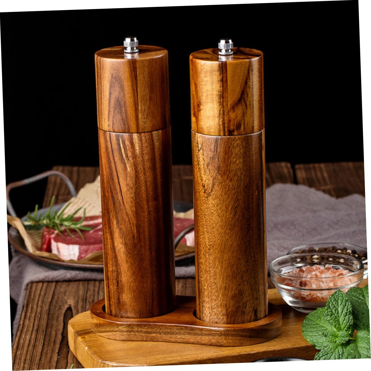 Manuelle Pfeffermühle und Salzstreuer Satz 8 Zoll Zylinder aus Akazienholz Keramikmahlwerk Nachfüllbar für Grobes Salz Pfeffer und Gewürze Küchen und Tischzubehör