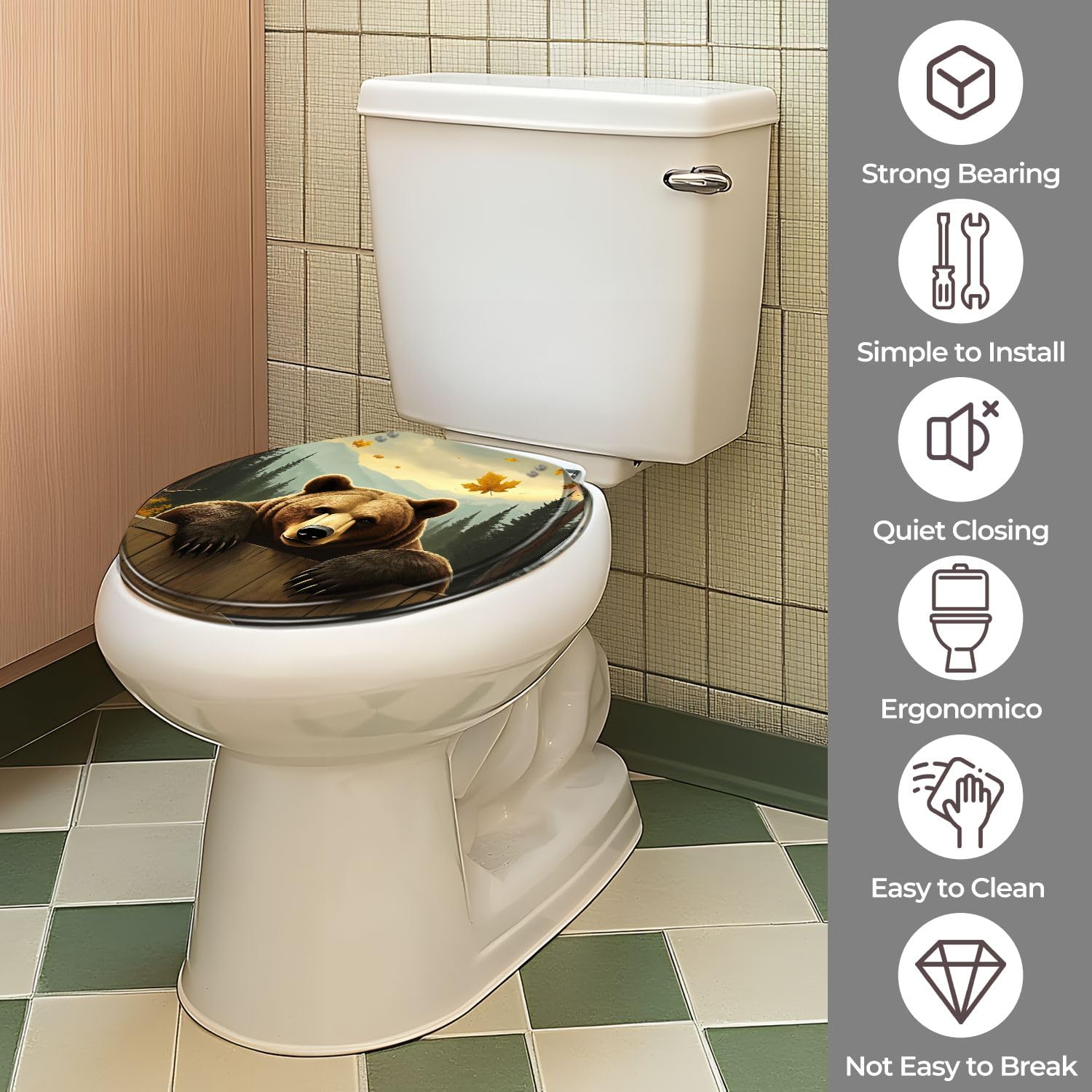 Asiento de inodoro de resina con diseño de oso grizzly para baño.
