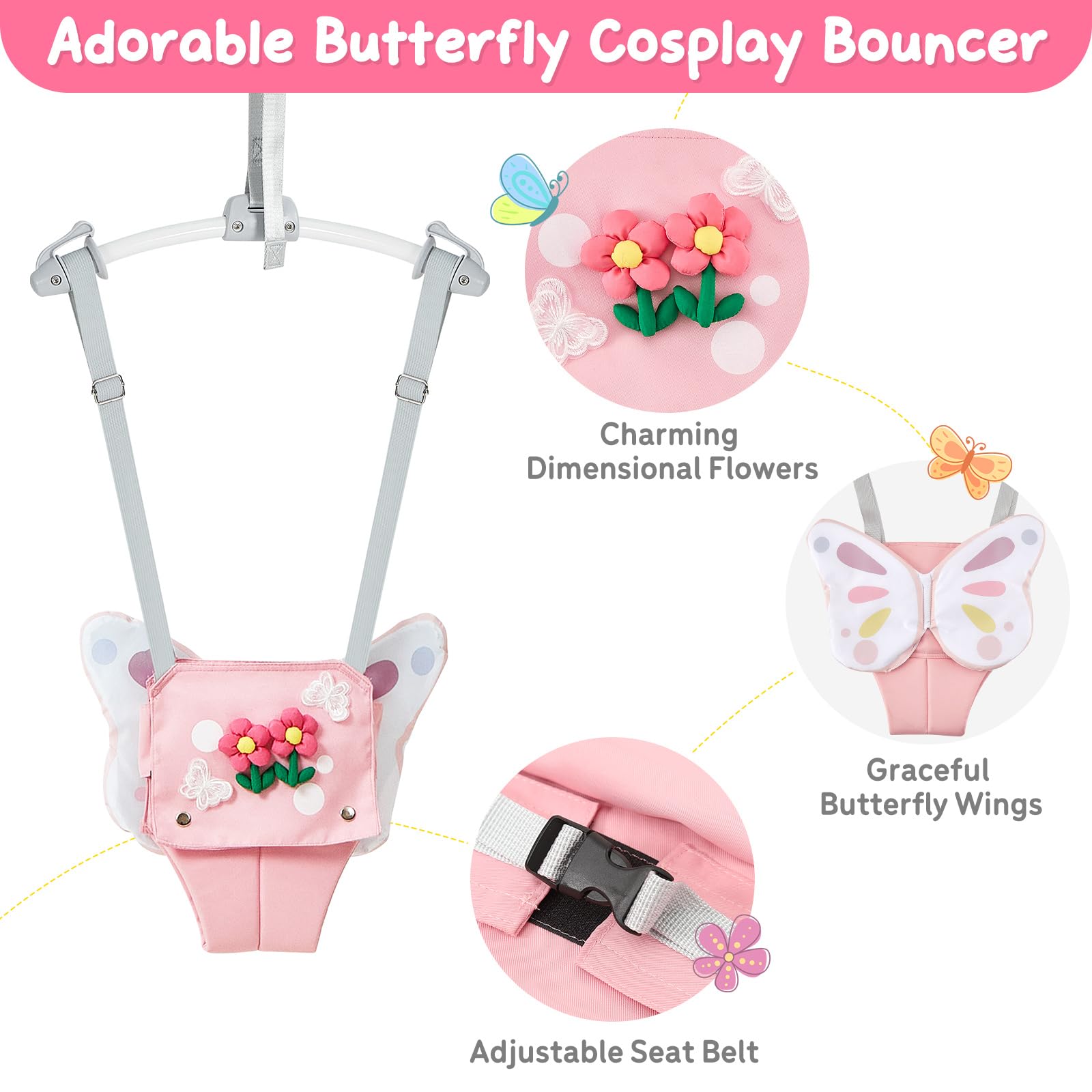 FUNLIO Baby Türhopser für 6–24 Monate (mit Türklemme), Baby Jumper mit starker Feder/verstellbarem Riemen, einfach zu montieren und zu lagern Baby Hopser, Tragfähigkeit 18 kg – Rosa Schmetterling