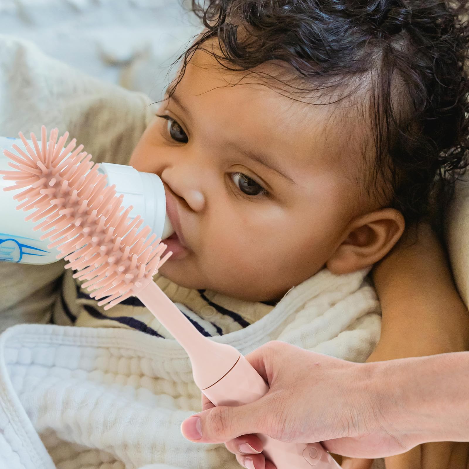 Abaodam Cepillo Eléctrico Portátil de Silicona para Limpieza de Biberones y Botellas, Seguro, Color Rosa, Mango Largo Adecuado para Uso en Casa y Viaje