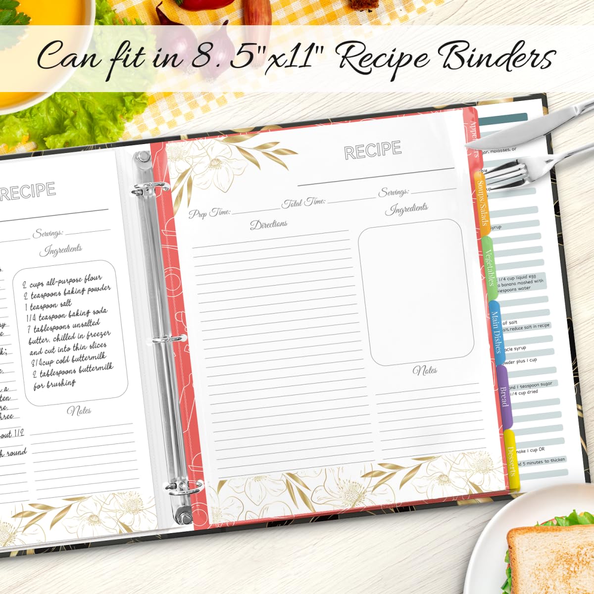 Lot de 30 feuilles de papier de recette pour classeur de recettes de 21,6 x