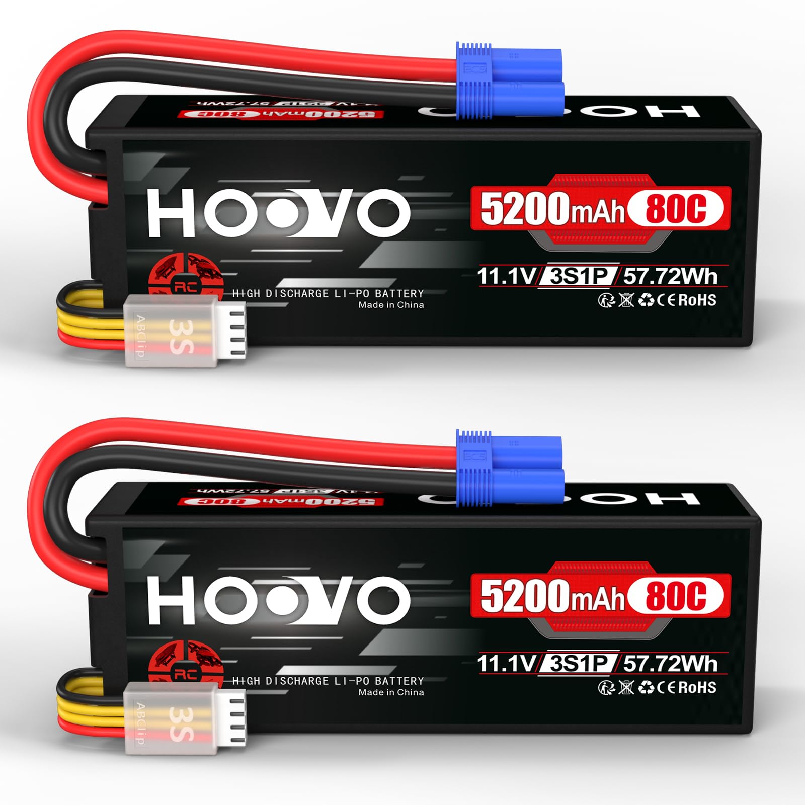 HOOVO 11.1 V Lipo Battery 3S 5200 mAh 80C Hard Case RC Battery Batteries with EC5 Connector Plug for RC Scale Helicopter Vehicles Car Truck Boats Hobby (2 packs)
