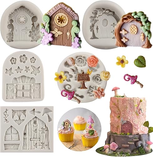 Moldes de silicona encantados para jardín, hadas, gnomo, puerta de casa, ventana, molde de fondant de hongos para decoración de pasteles, decoración