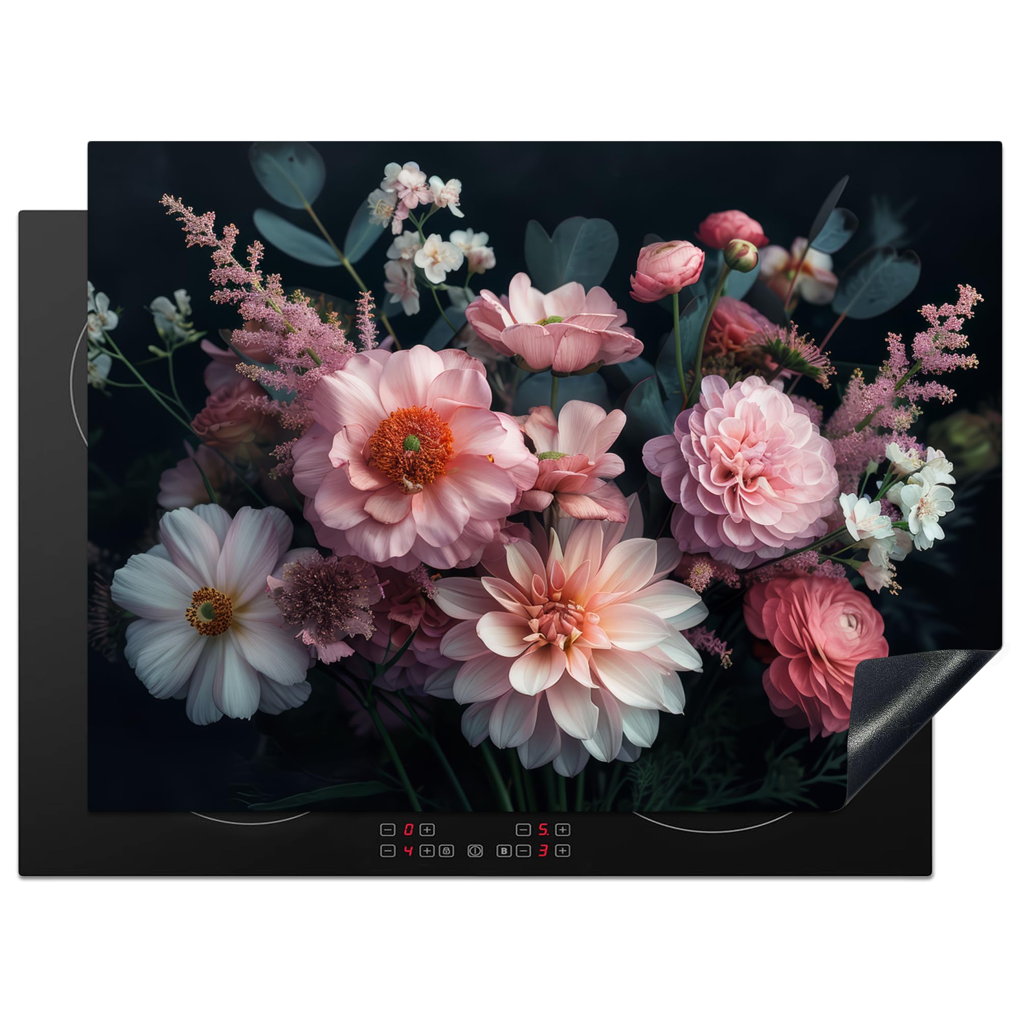 KitchenYeah© Induction Hob Cover Protector Mat 20.5"x28" / 71x52 cm Kitchen Universal Ceramic Covers for Electric Cookers Vinyl Flowers - Colourful - Pink - Plants