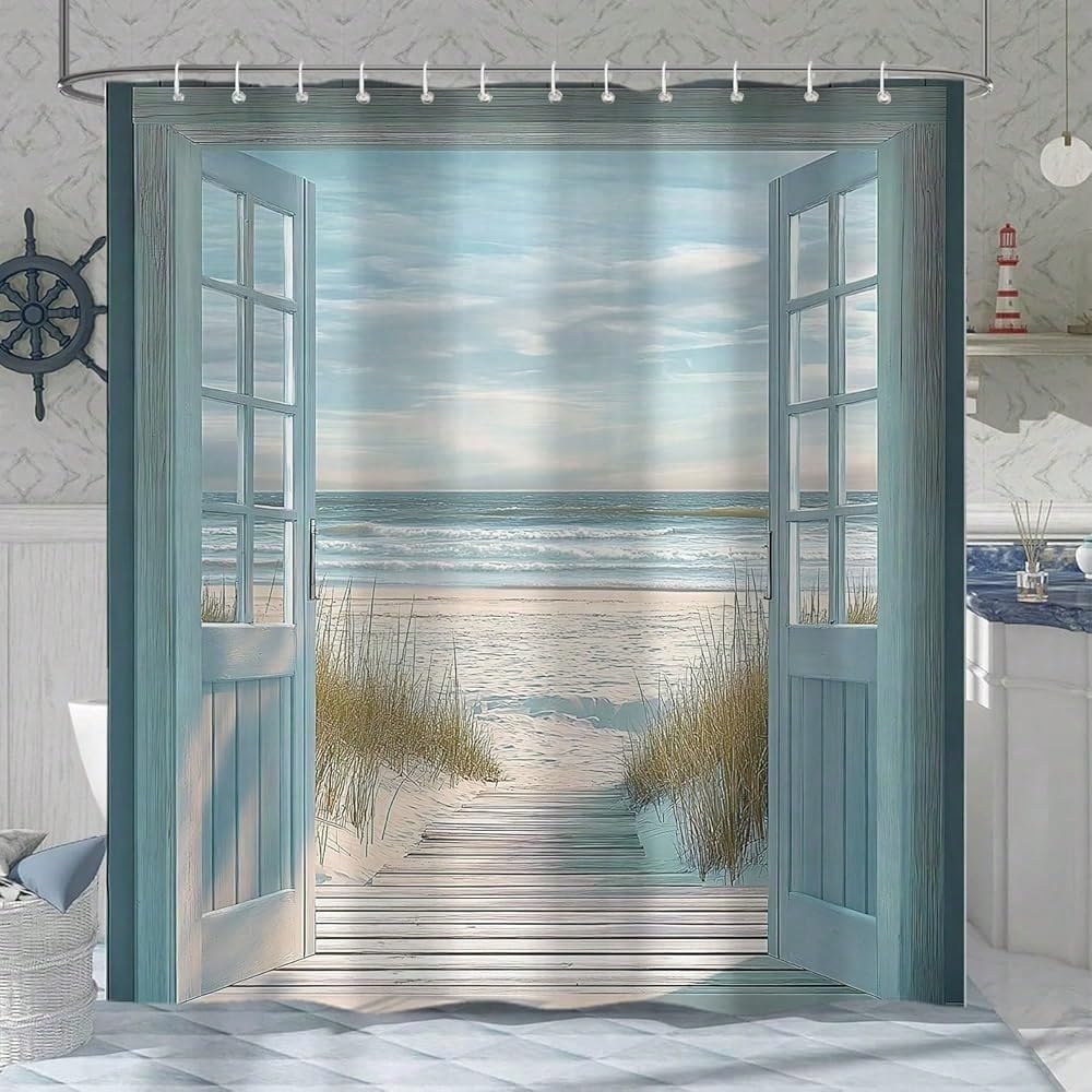 GLKSDLPO Blue Beach Barn Door Shower Curtain, Rustic Country Ocean Coastal Seaside Scenery Decor Bath Curtains(220x180cm/87x71in(WxH)