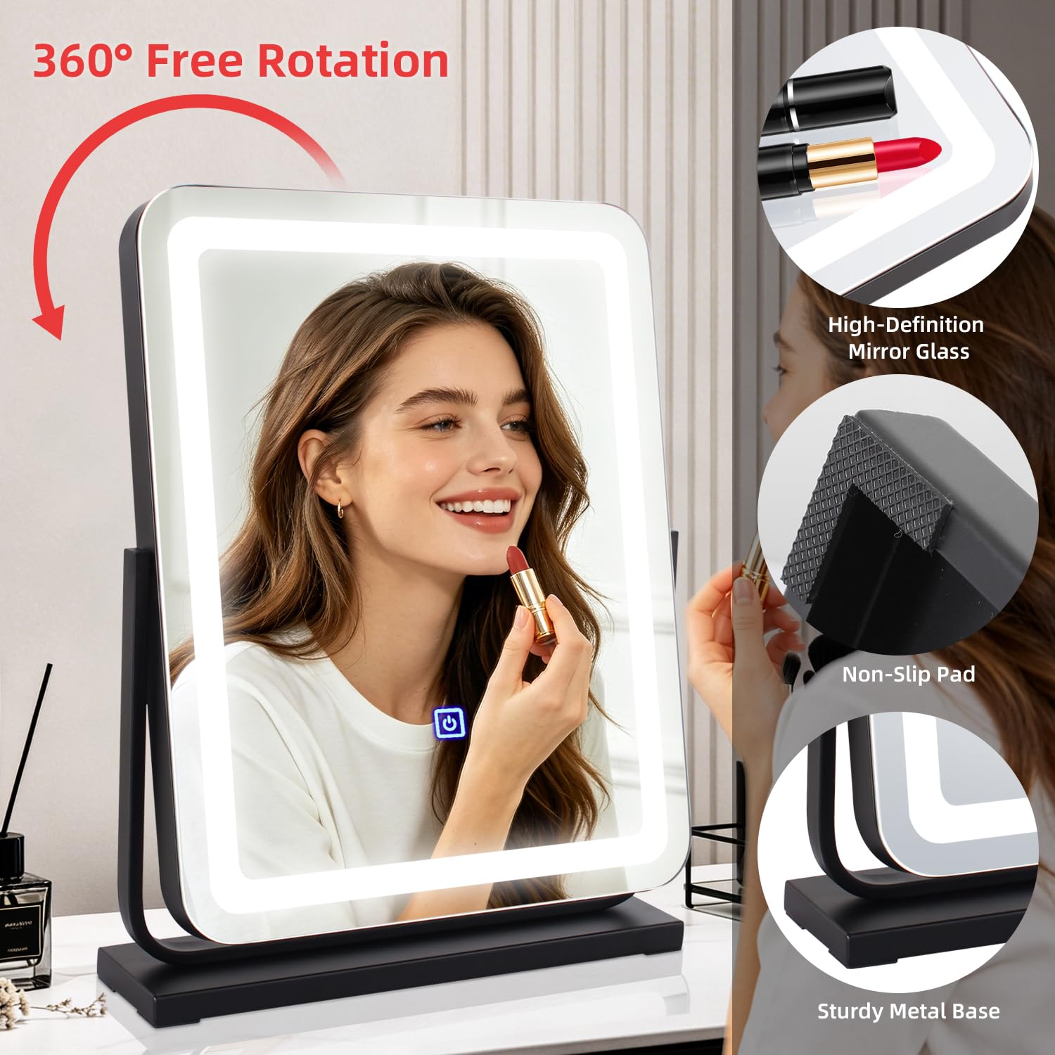 MantoLite Miroir de maquillage éclairé 40 cm pivotant 360° 3 couleurs commande tactile blanc