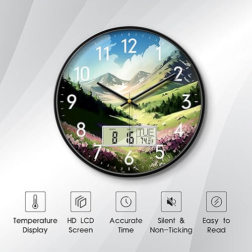 Miniatura 2 de Reloj de pared silencioso de pantalla grande digital con fecha de temperatura, flores de montaña, moderno, sin tictac, funciona con pilas, reloj de