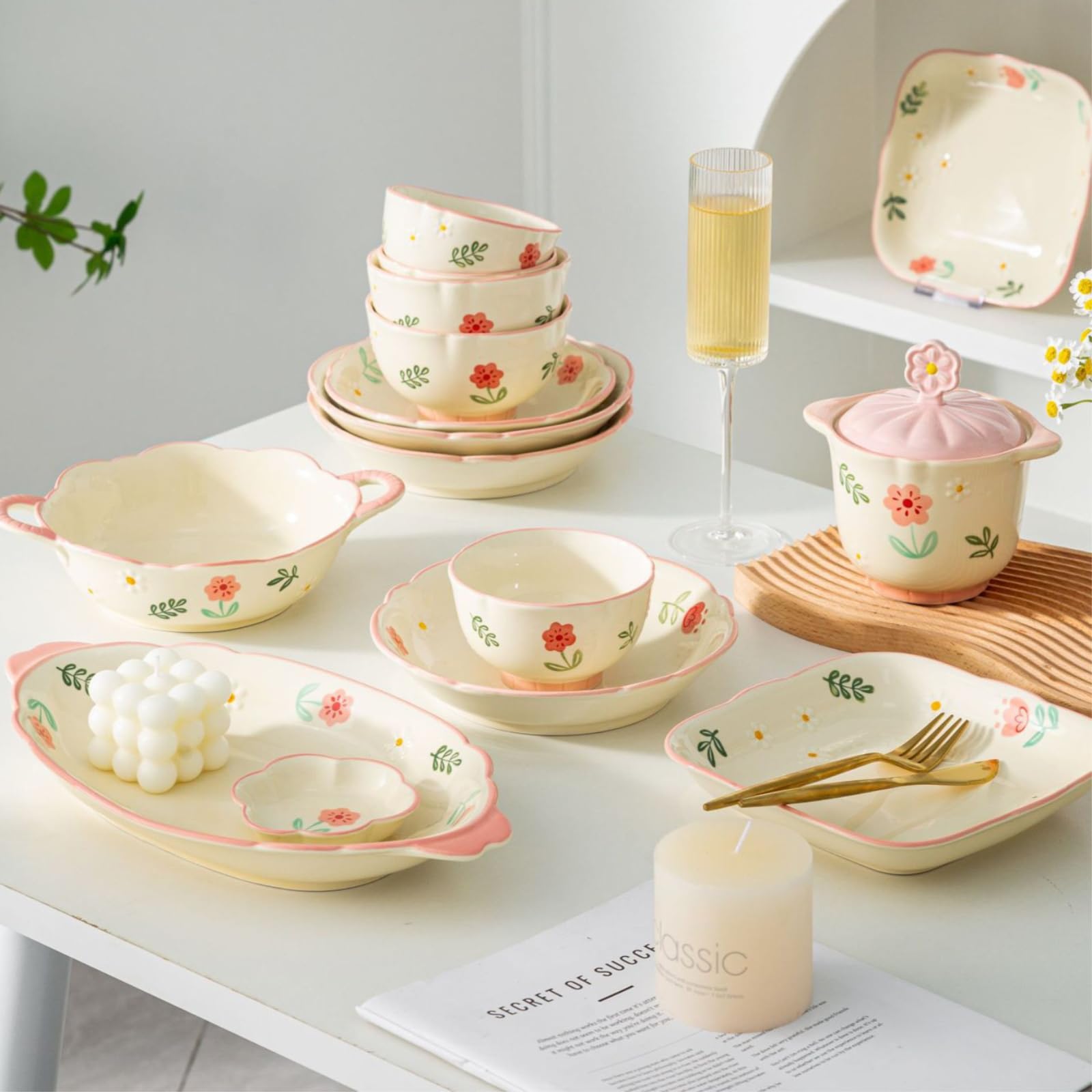 Śliczne ceramiczne naczynia podszkliwne z kwiatami ze świeżą i wykwintną osobowością - 25 cm dwuuszna miska do zupy