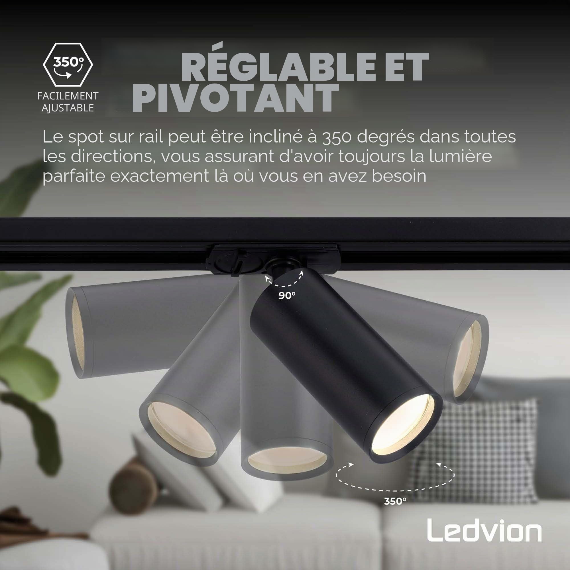 Ledvion - Système d’éclairage LED monophasé, 2m, Rail Monophasé, 3W, Noir, 2700K, 4 spots GU10 orientables, luminaire plafonnier, spot plafond, rail led, plafonnier moderne design