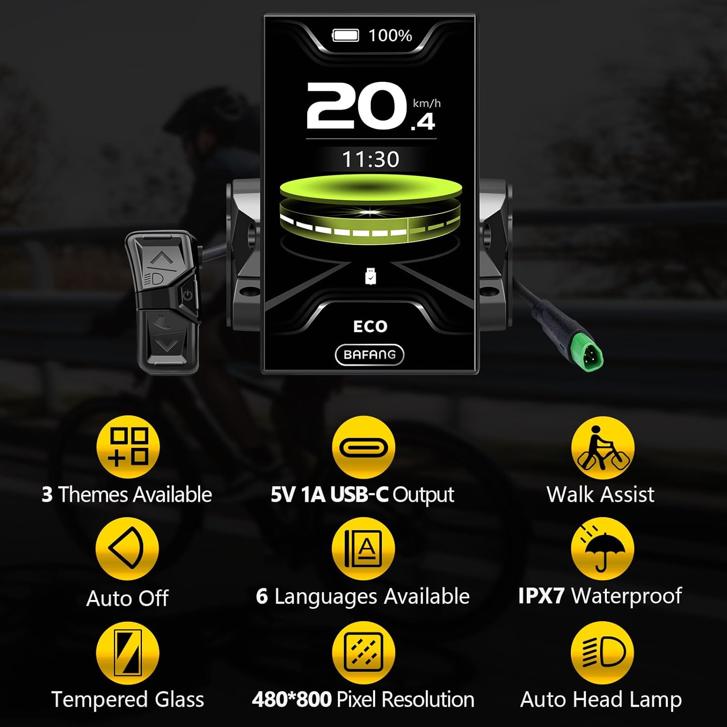 Infographic showing various features of the Bafang C010 Display, including 3 themes, USB-C output, walk assist, auto off, 6 languages, IPX7 waterproof, tempered glass, 480x800 pixel resolution, and auto headlamp.