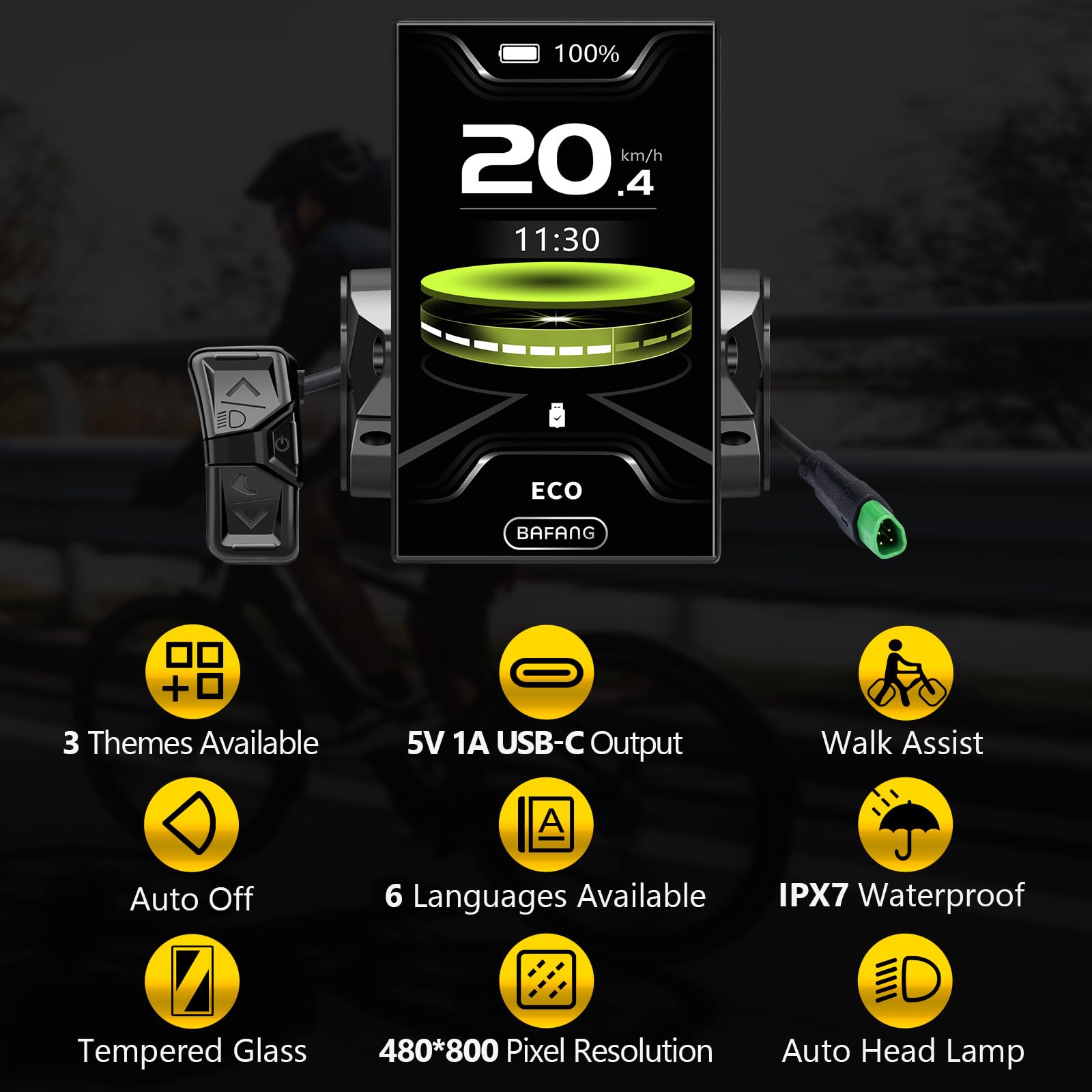 Bafang Pantalla eBike de 4,0 Pulgadas DPC010 para M620, M600, M560, M510, M420, Motores centrales de 0 a 6 Pedales, Nivel de Asistencia, Pantalla con retroiluminación automática, protocolo Can