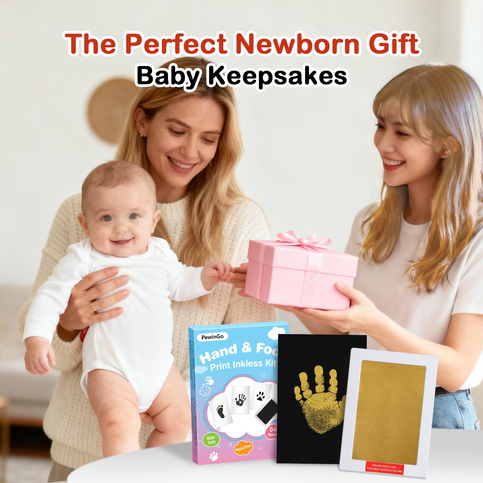 Kit Empreintes de Main et de Pied Bébé Taille XL 2 Tampons sans Encre 4 Cartes Cadeaux Souvenir Nouveau-né Doré