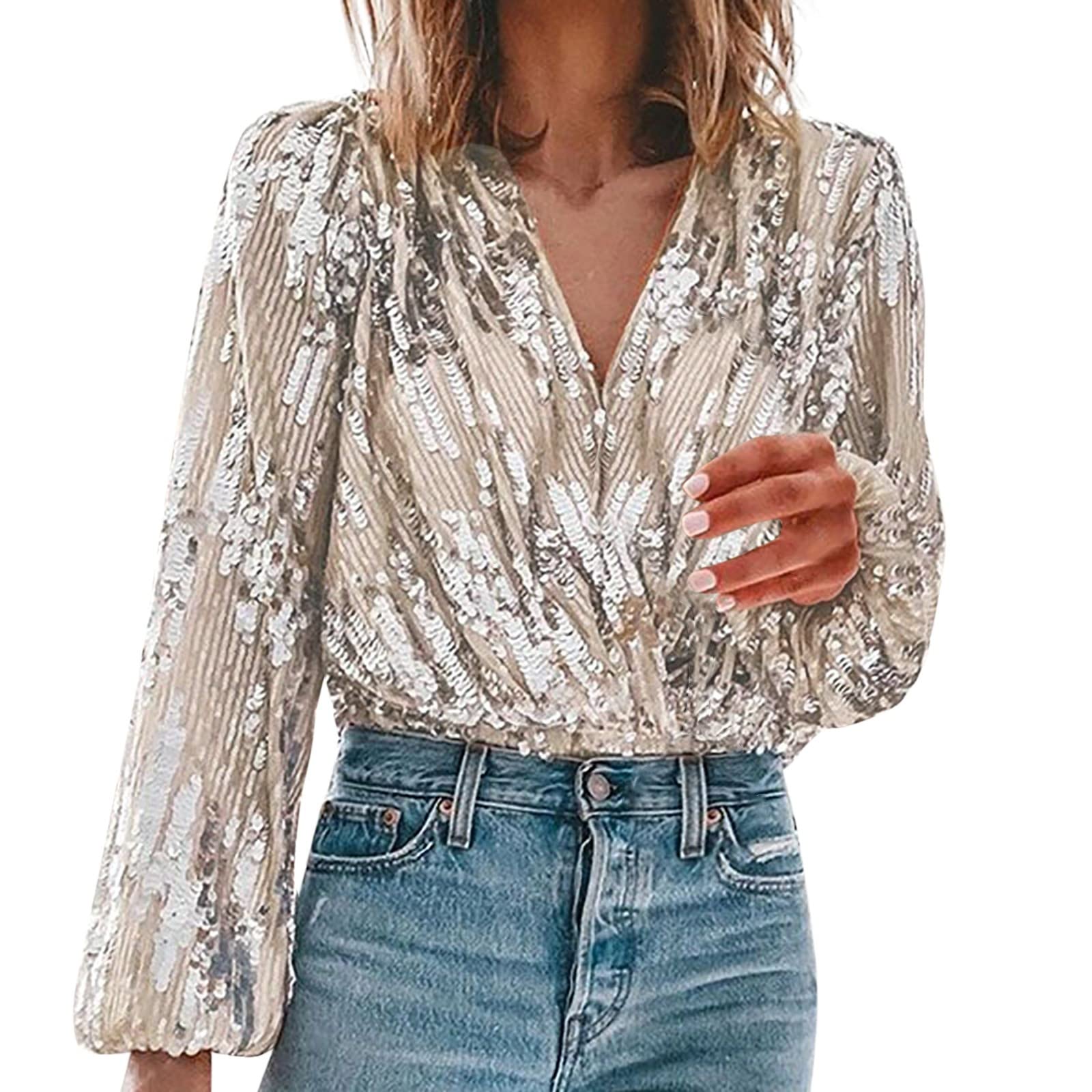Camicia Donna Con Paillettes E Strass - Top Elegante Manica Lunga Per Cerimonie, Taglie Forti - Foto 3