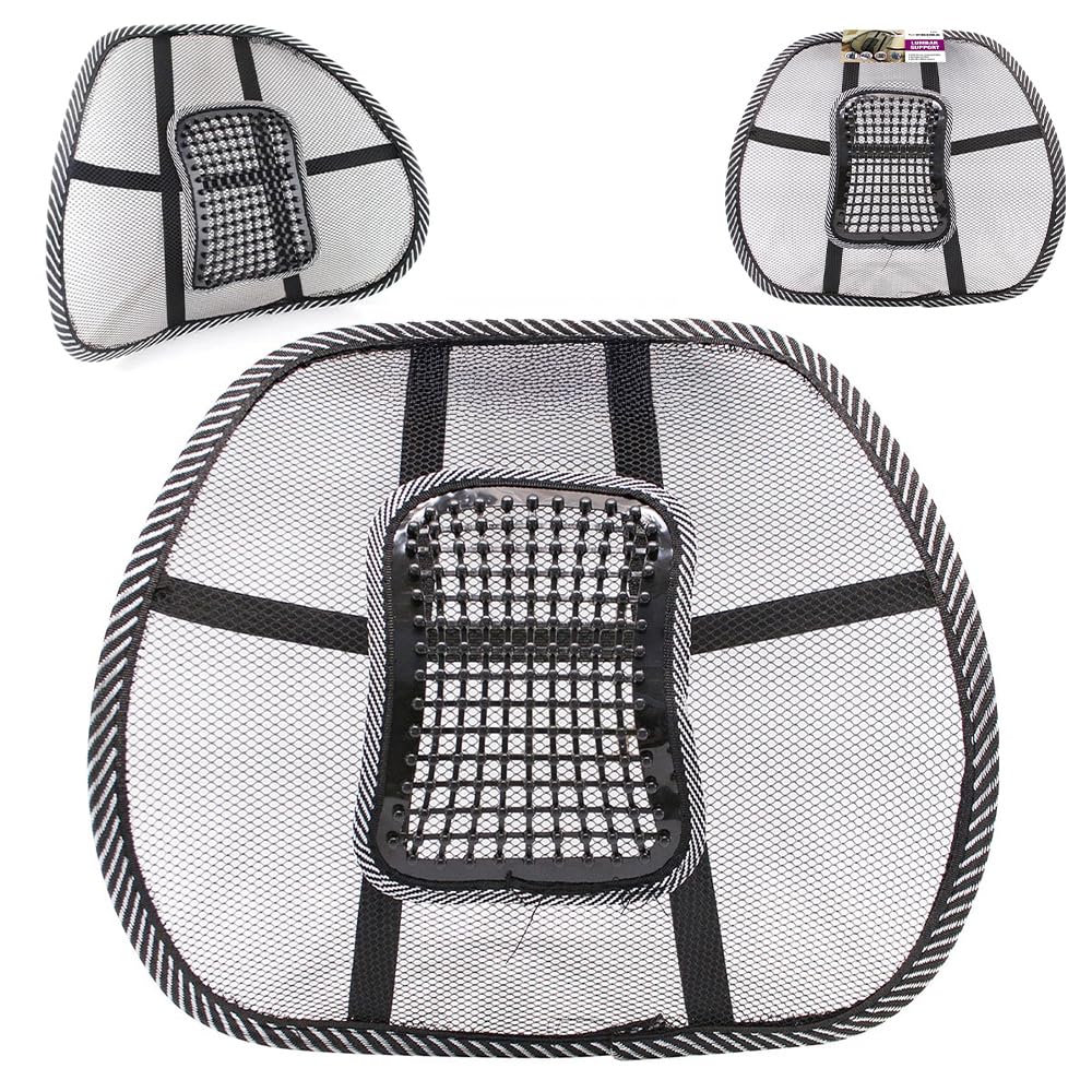 Bargains-Galore Black Mesh Lumbar Cushion - Office Seat Spine Support Pain Relief Lower Back | Posture Cushion For Work, Computer Or Gaming Desk, Driving | Massage Beads For Pain Relief