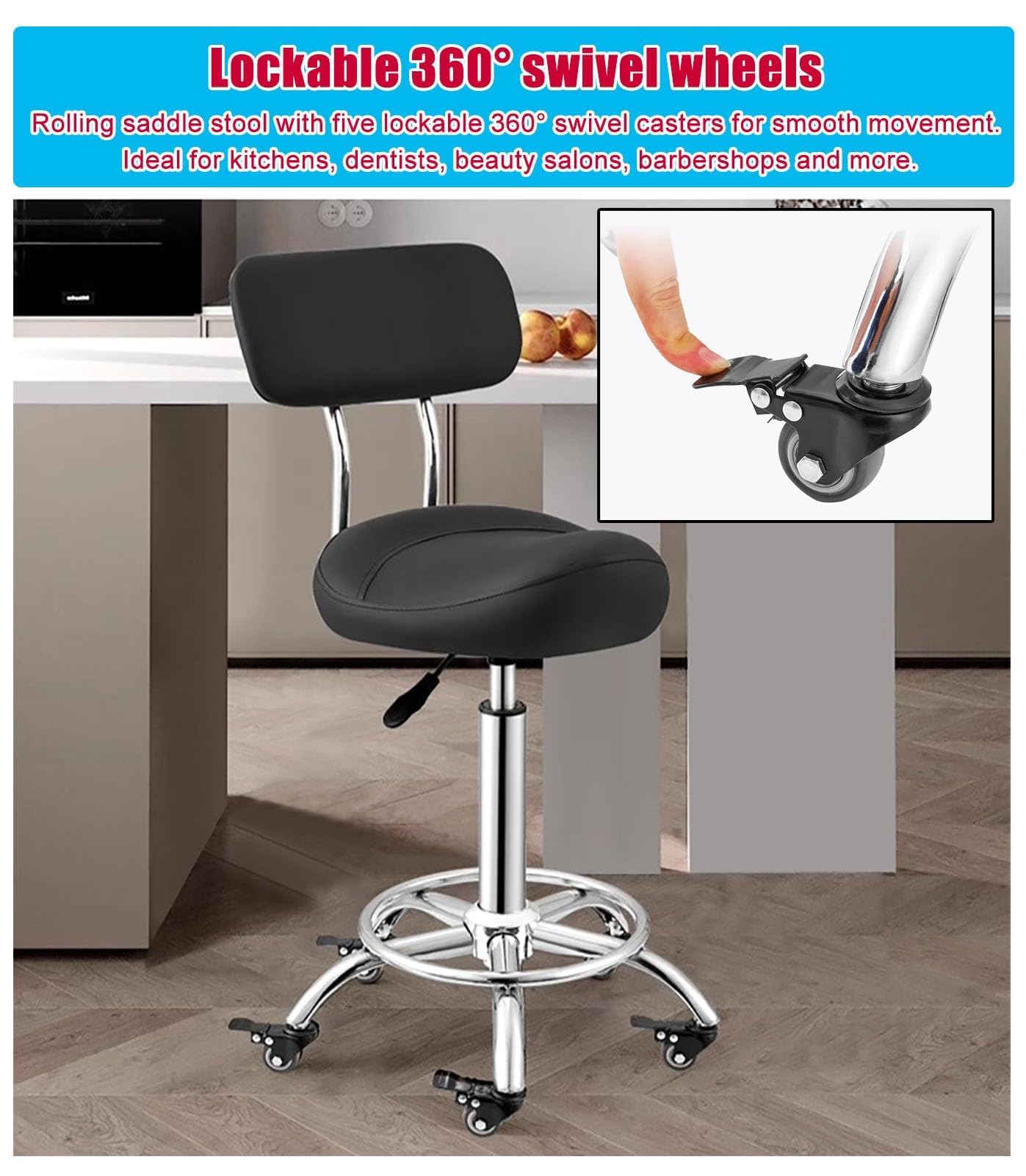 Ergonomiczny taboret siodłowy z podparciem pleców i podnóżkiem – wygodne siedzisko do biura, kuchni lub salonu – idealny na długie godziny pracy i relaksu