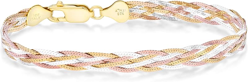 Miabella Pulsera italiana de plata de ley 925 trenzada en espiga | Opción tricolor chapada en oro de 18 quilates, 6 hebras, joyería fina para mujer, hecha en Italia