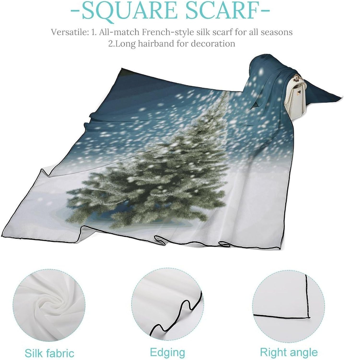 Merry Christmas Pine Tree Hair Scarf for Women, Lightweight Square Head Shawls for Men, Fashion Neckerchief for Travel, Hair Bandanas, Silk Satin Neck Scarf for Sleeping, 27 Inches
