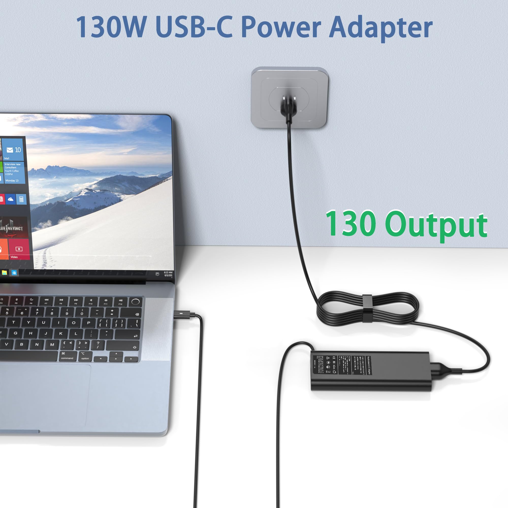 Caricatore USB C per computer portatile, 130 W, caricatore rapido universale, compatibile con Dell Latitude, XPS, Precision, 120 W, 100 W, 90 W, 65 W, 45 W, tutti i dispositivi USB-C