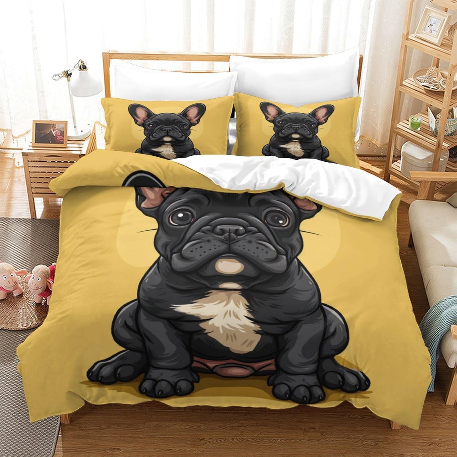 Housse de couette bouledogue français 140x200cm en microfibre avec 2 taies