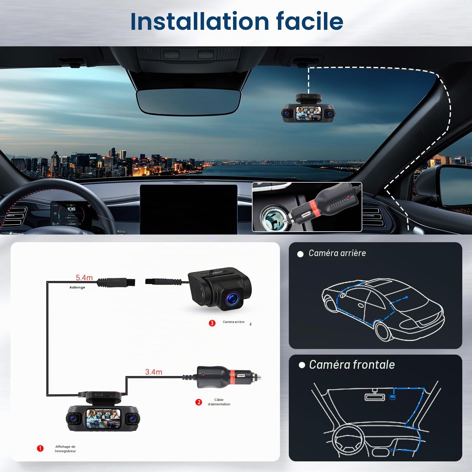 Hodozzy 4K Dashcam Voiture 360° avec WiFi, 4 Caméras Avant Arrière Intérieur Gauche, Nachtsicht Ohne Licht, Écran Tactile IPS 3", Enregistrement en Boucle, Capteur G, localisation GPS，Contrôle des App