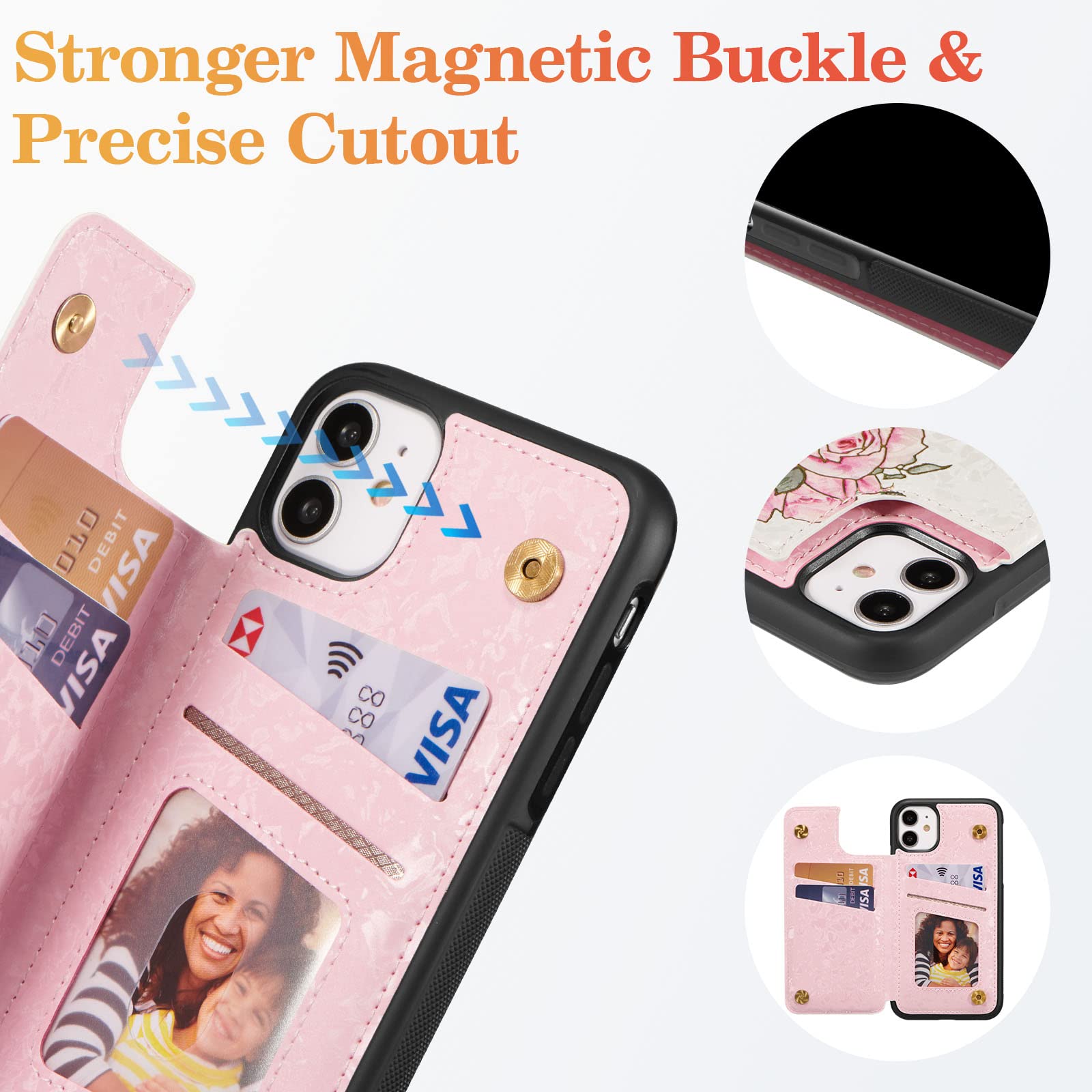 UEEBAI Custodia per iPhone 11 da 6,1 pollici, in pelle PU di alta qualità, con 4 scomparti per carte di credito, funzione leggio, fibbia magnetica
