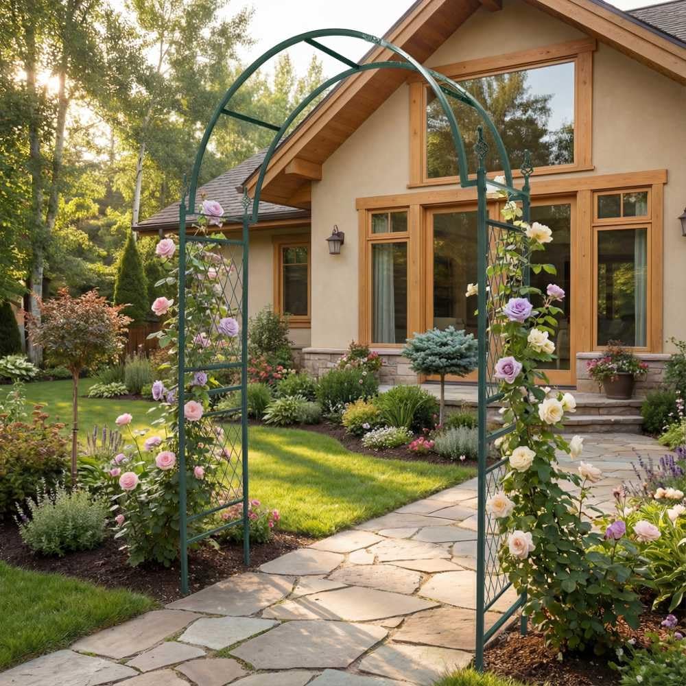 TERRE JARDIN - Arche de Jardin Métal pour Plantes Grimpantes - Arceau de Jardin avec Treillis et Fixations au Sol - Décoration Jardin Extérieur pour Rosiers, Roses et Végétaux Grimpants