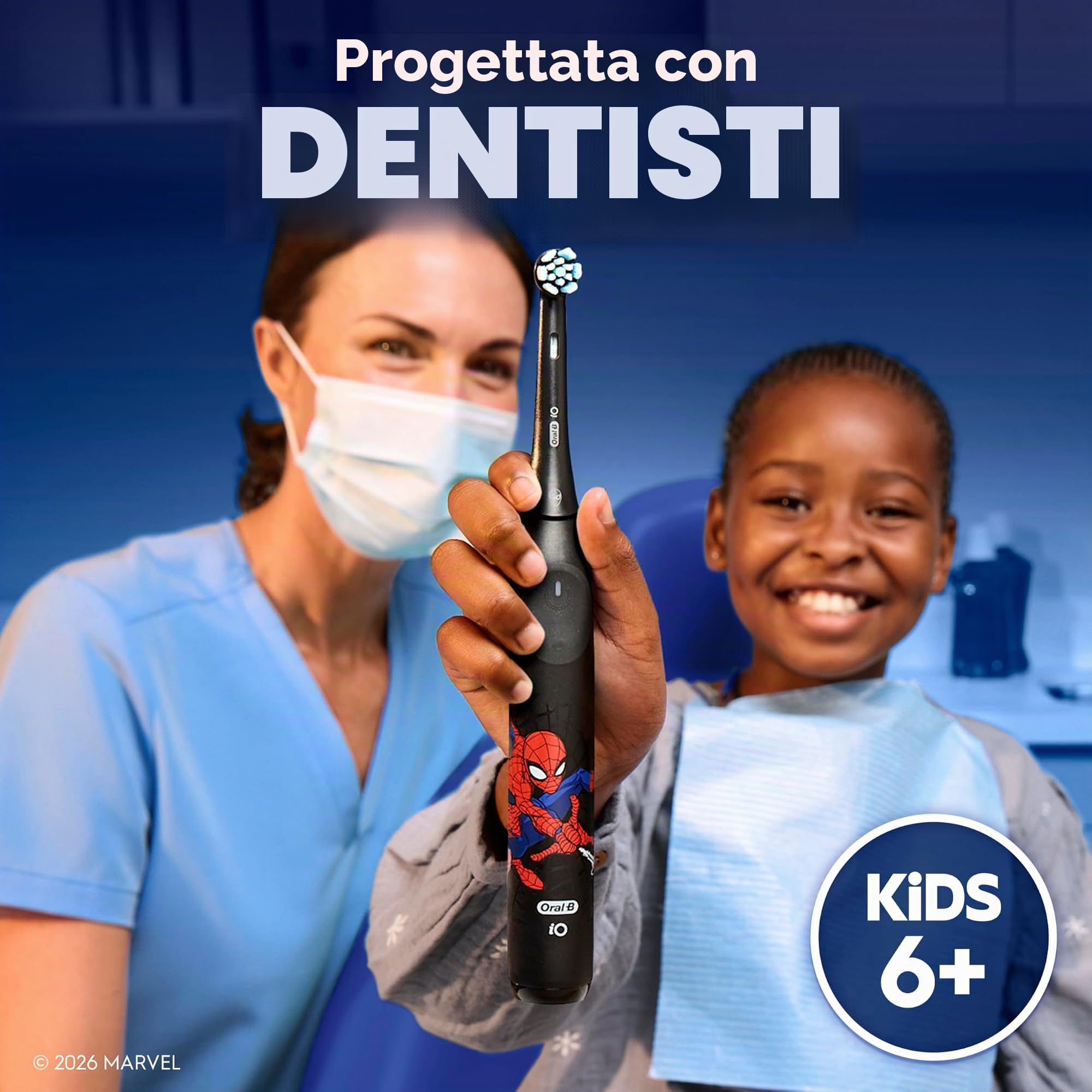 Oral-B iO Kids Limited - Spazzolino da denti elettrico ricaricabile, Spiderman, con 1 testina per la cura delicata, sensore automatico di pressione per proteggere le gengive, 3 impostazioni di pulizia