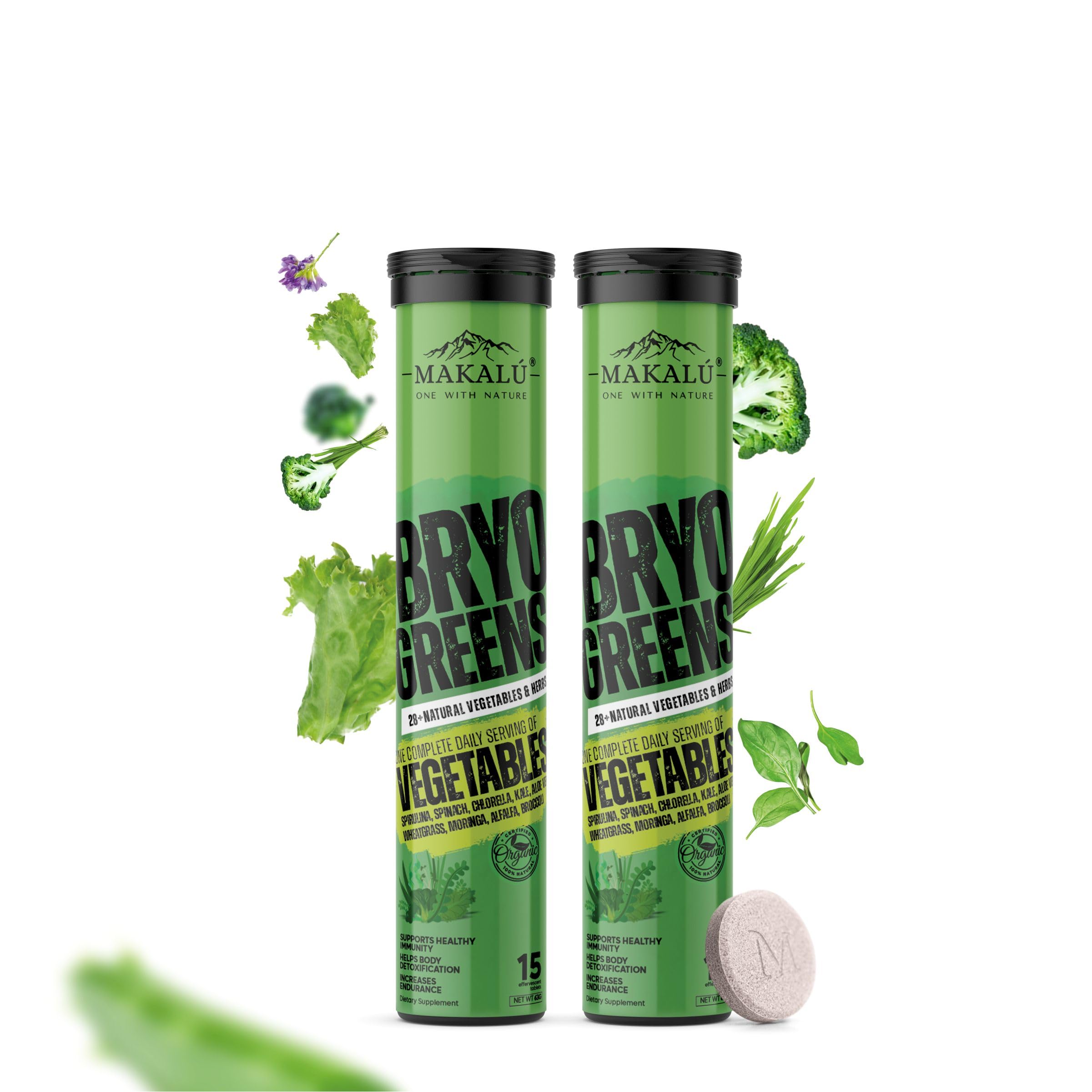 MAKALU ONE WITH NATUREBryogreens 100% Organic | Sugar free | Vegan | 28+ Organic Vegetables Dietary 15 Effervescent Tablets (Pack of 2)