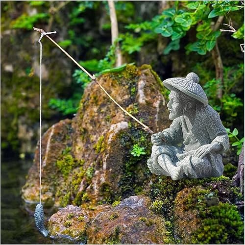 livelyfish Mini estatua de pescador, decoración asiática zen, figuritas de pesca, arenisca, adorno vintage para acuario, pecera, jardín, hogar,