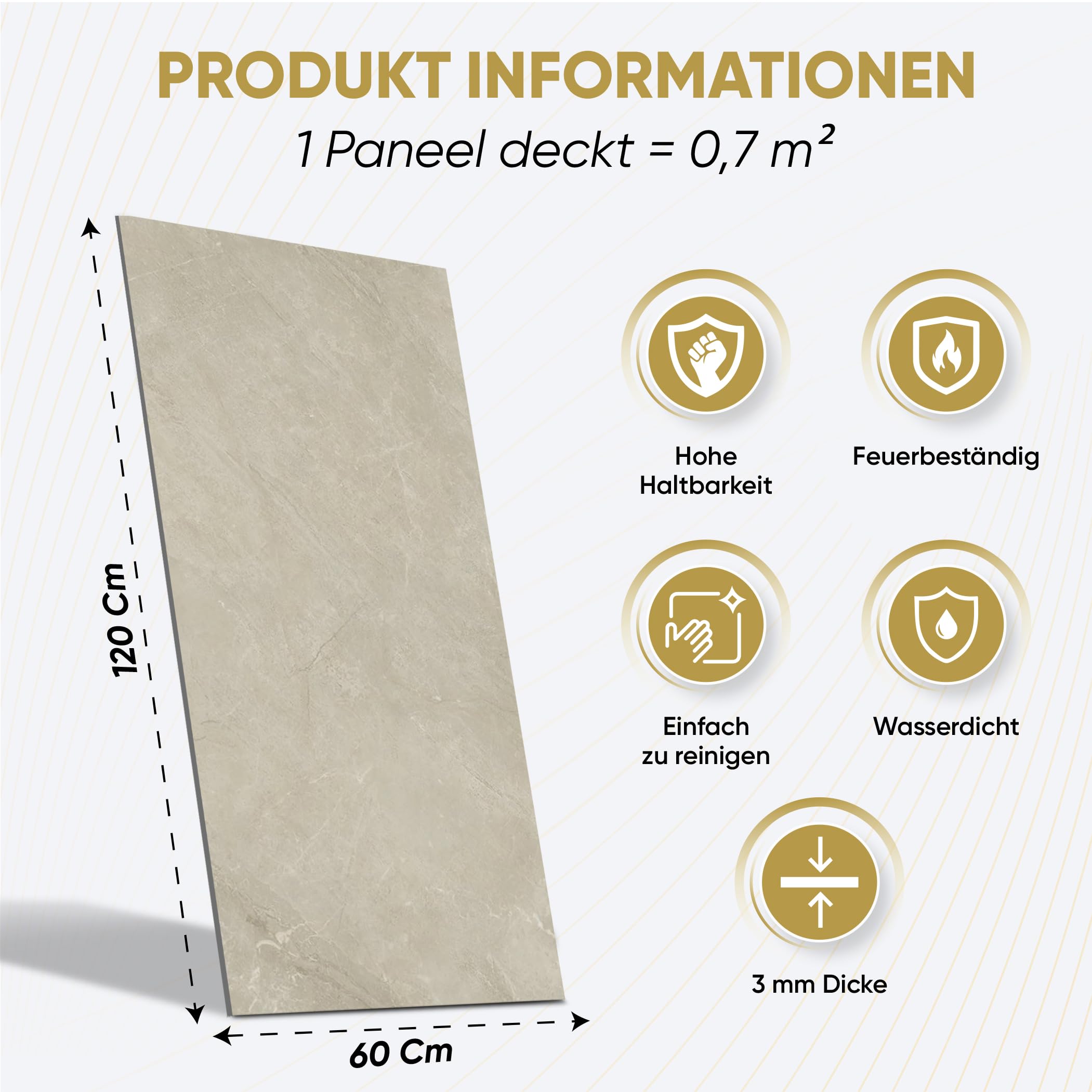 IZODEKOR – SPC Wandpaneel Betonoptik/Natursteinoptik Grau 60x120cm – 1 Stück – Wasserfest, Kratzfest, Hitzebeständig Spritzschutz – SPC Wandverkleidung für Küche & Bad - Sandstein Beige
