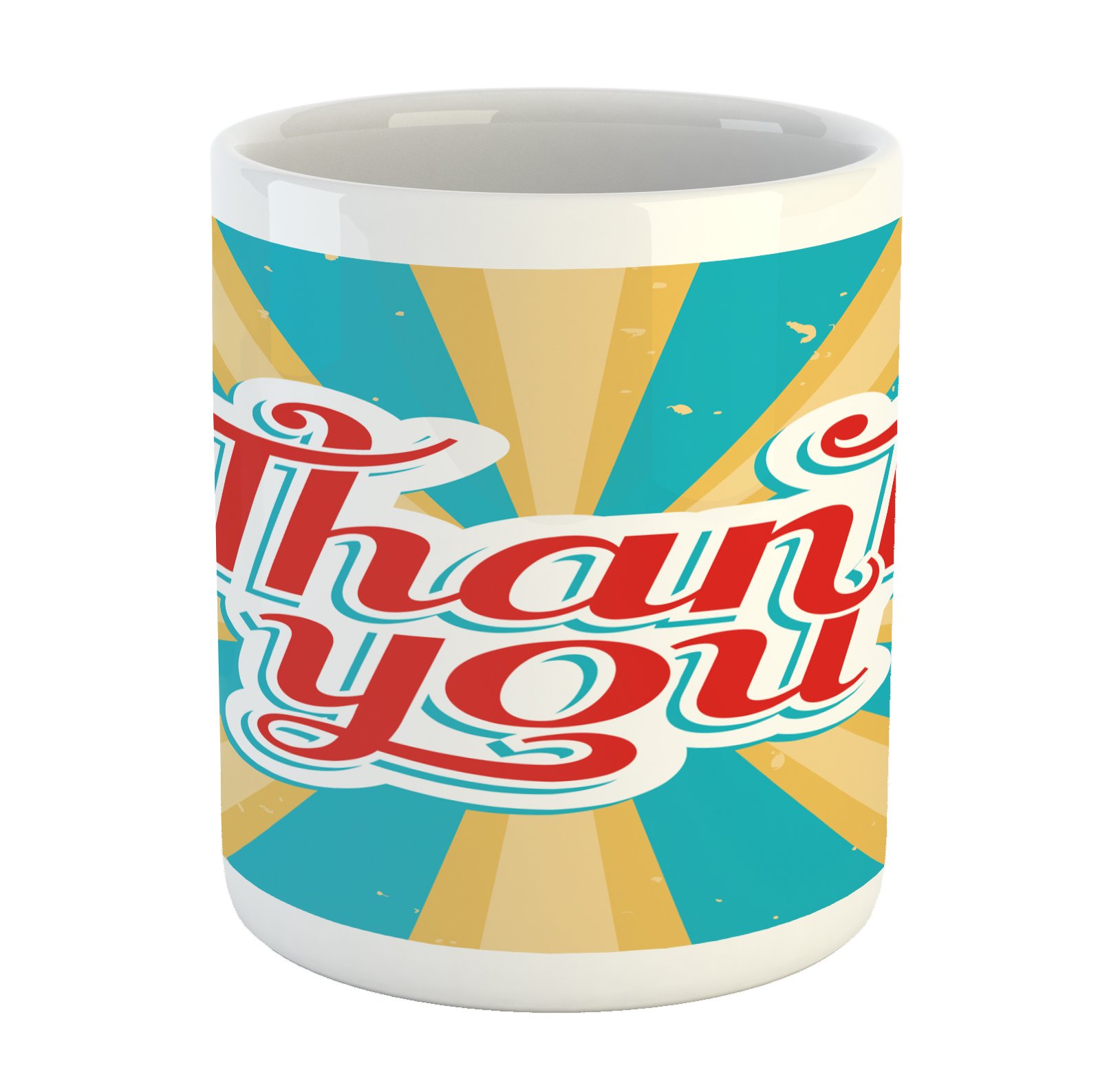 Lunarable Old Fashioned Calligraphy Mug, Retro Vintage Antique Look Thank You Sun Rays Sunshine, Printed Ceramic Coffee Mug Water Tea Drinks Cup, Red Yellow Turquoise