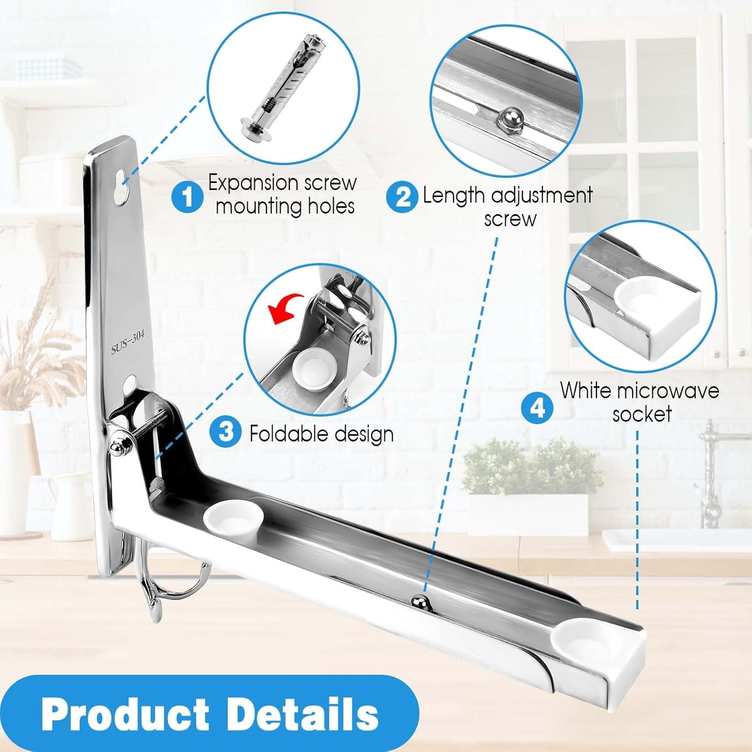 2 Microwave Wall Bracket, Universal Microwave Bracket Folding Shelf Bracket for Microwave Stainless Steel Wall Microwave Frame with Mounting Accessories Silver — view 4